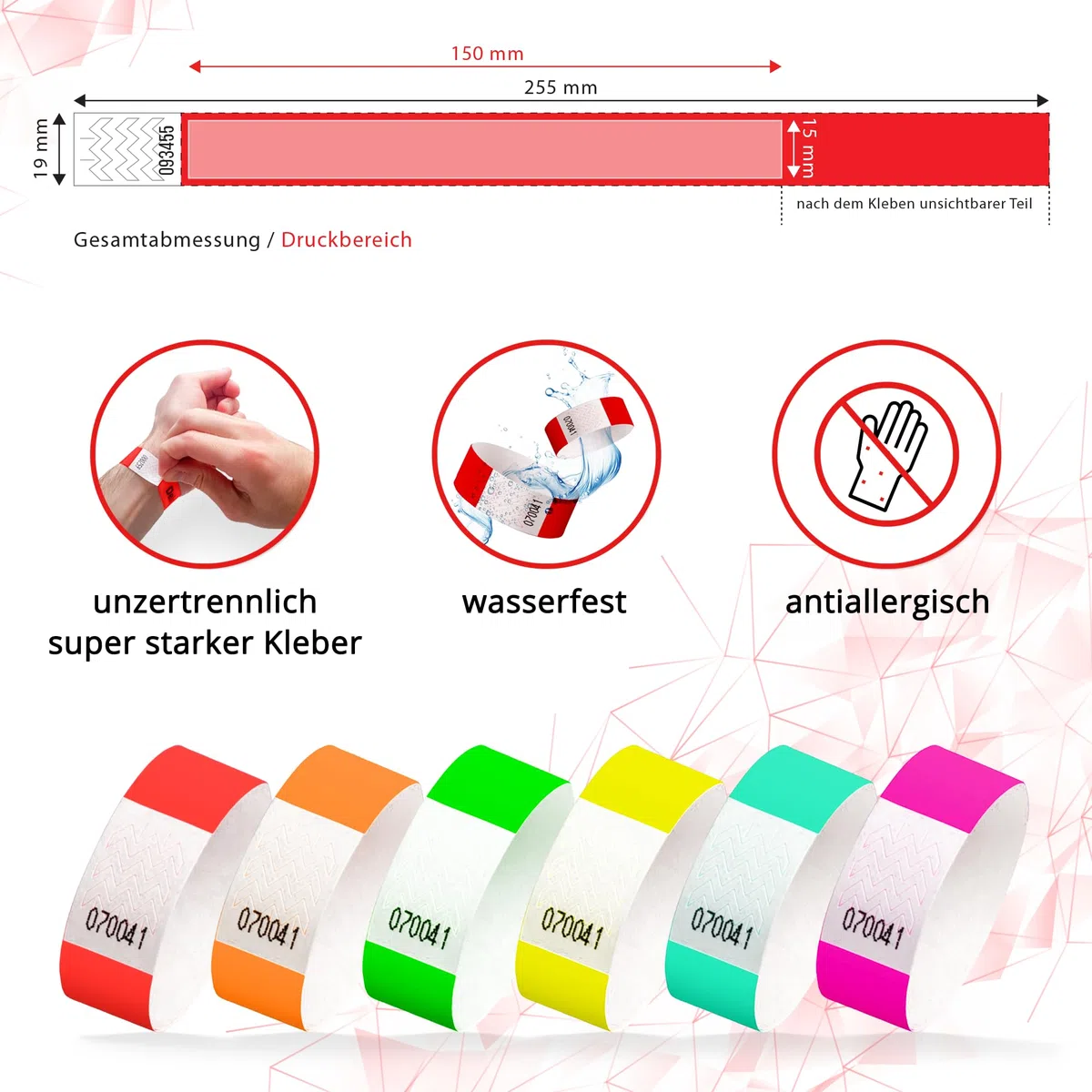 Einlassbänder aus Tyvek Individuell Schwarzer Bedruckte 19 x 255 mm mit Personalisierten Text/Logo - 100 Stück Party Eintrittsbänder - Selbstklebend und Wasserdicht Festival Armbänder