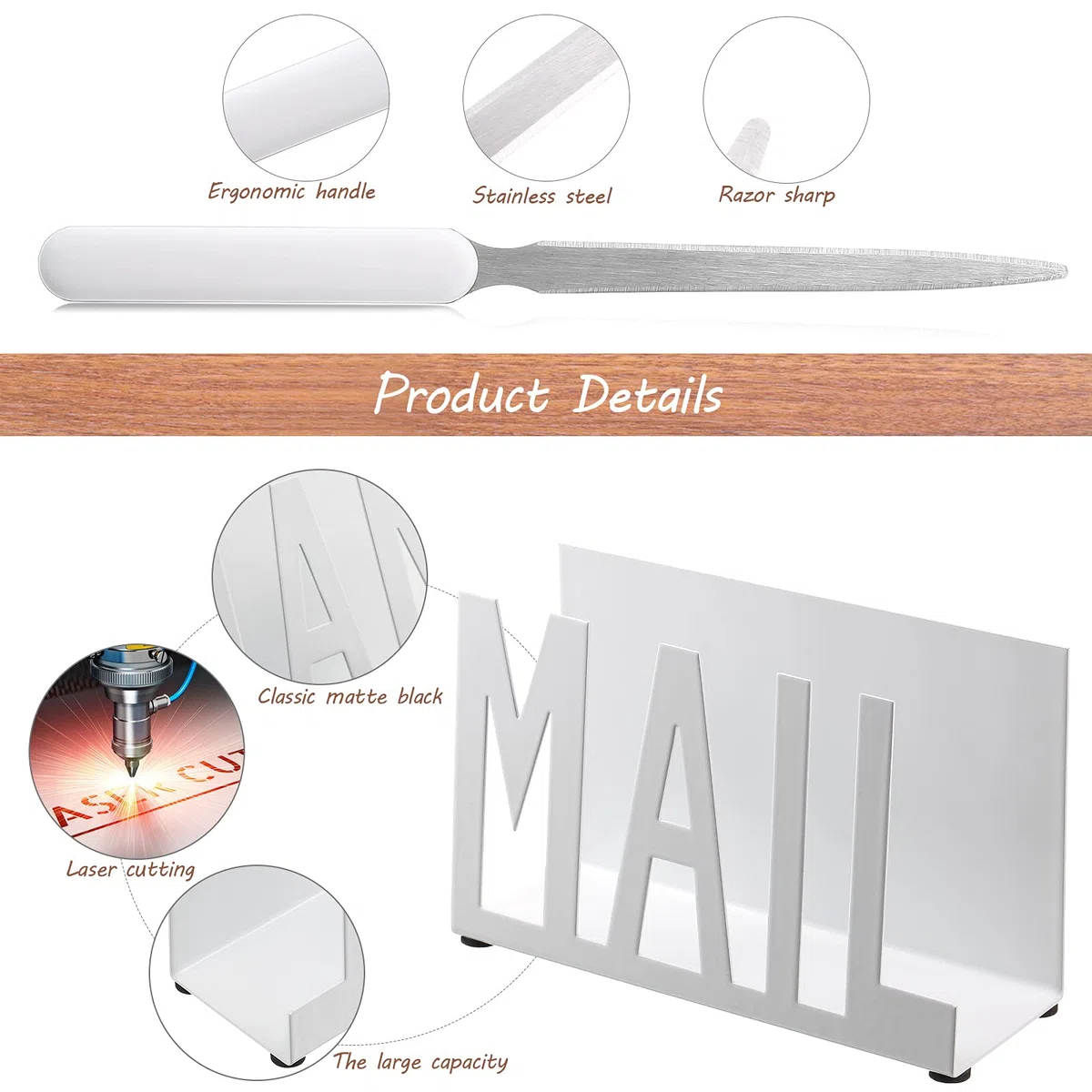 Jetec Mail Halter Metall Brief Sortierer Tabletop Mail Ausgeschnitten Organizer Mail Brief Dokumenten Ständer mit Brief Öffner für Desktop Haus Büro Schule (Weiß Reguläres Skript)