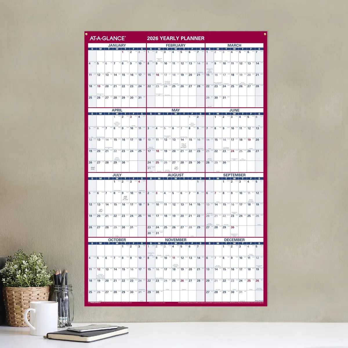 AT-A-GLANCE 2026 radierbarer Kalender, trocken abwischbarer Wandplaner, 91,4 x 61 cm, groß, vertikal, horizontal, wendbar (PM26B2826)
