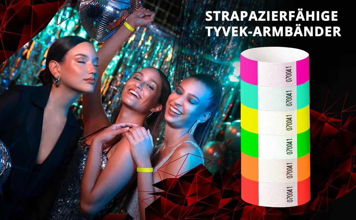 Einlassbänder aus Tyvek Individuell Schwarzer Bedruckte 19 x 255 mm mit Personalisierten Text/Logo - 100 Stück Party Eintrittsbänder - Selbstklebend und Wasserdicht Festival Armbänder