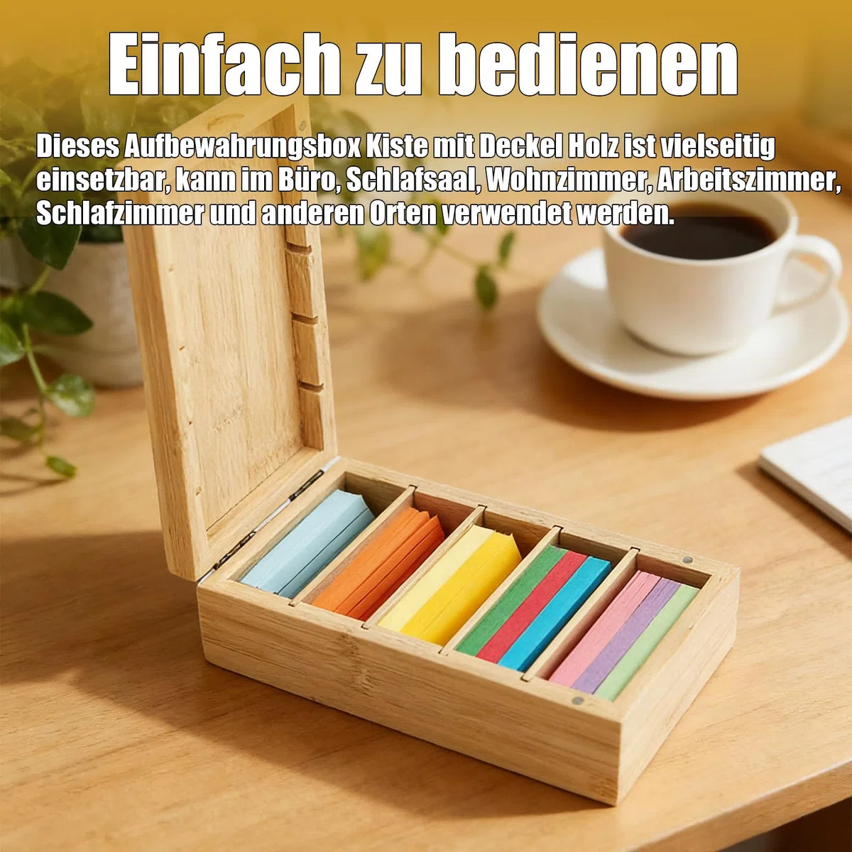 A8 Karteikarten Box Holz, 22,4 x 10 x 7,5 cm Aarteikarten Box mit Klappdeckel, Verstellbar Karteikartenbox mit 500 Bunten Haftnotizen und 10 Binderinge, für Verwendung auf Schreibtischen