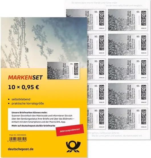 Deutsche Post Briefmarken 10 x 0,95€, Briefmarken selbstklebend, für Standardbriefe bis 20g & Postkarten, Markenset 200. Geburtstag Julie Hausmann