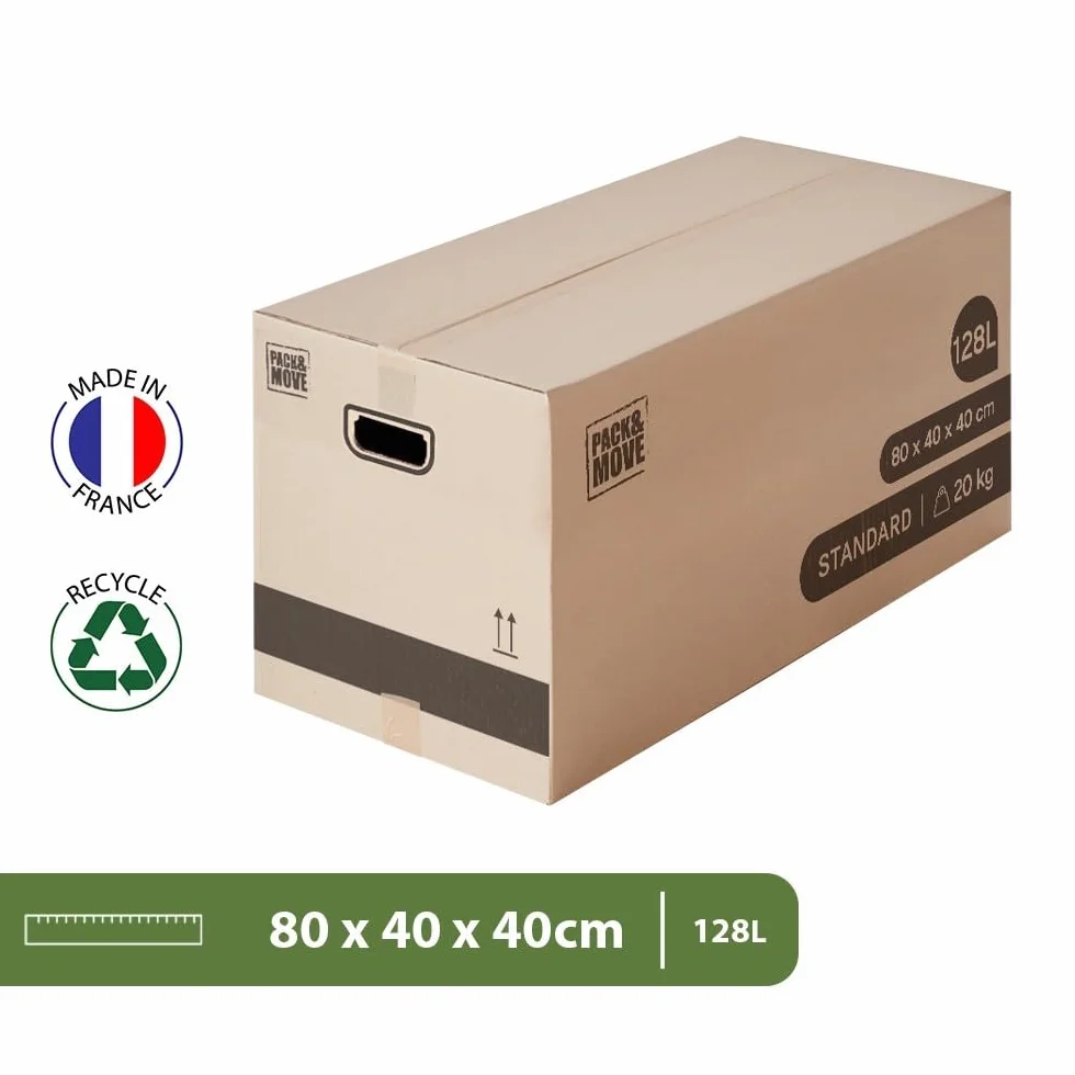Pack and Move – Packung mit 40 XL-Aufbewahrungs-Umzugskartons – 80 x 40 x 40 cm – verstärkte Griffe – 2 gratis Kleber