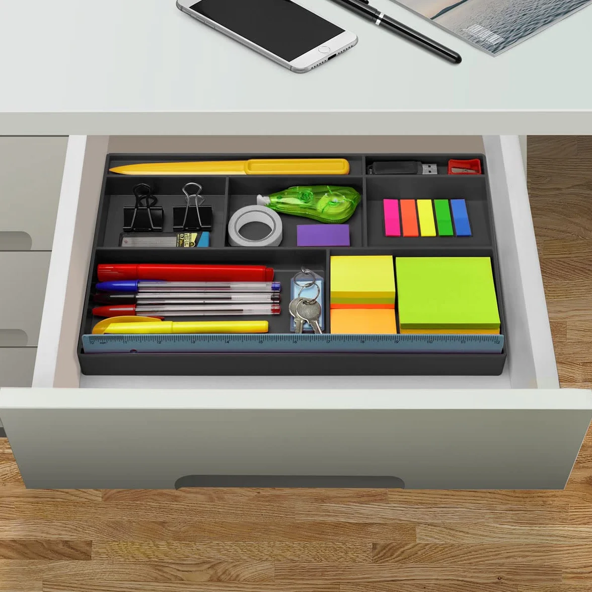 Acrimet Schubladen-Organizer mit 8 Fächern – Vielzweckbox für Bürobedarf, Make-up und Zubehör – Passend für Schubladen oder Tischoberflächen, 32,4 x 20,3 x 2,7 cm (Kunststoff) (Schwarz) | 30,5 cm langes Lineal, spezielle Trennwand für Stifte, Bleistifte,