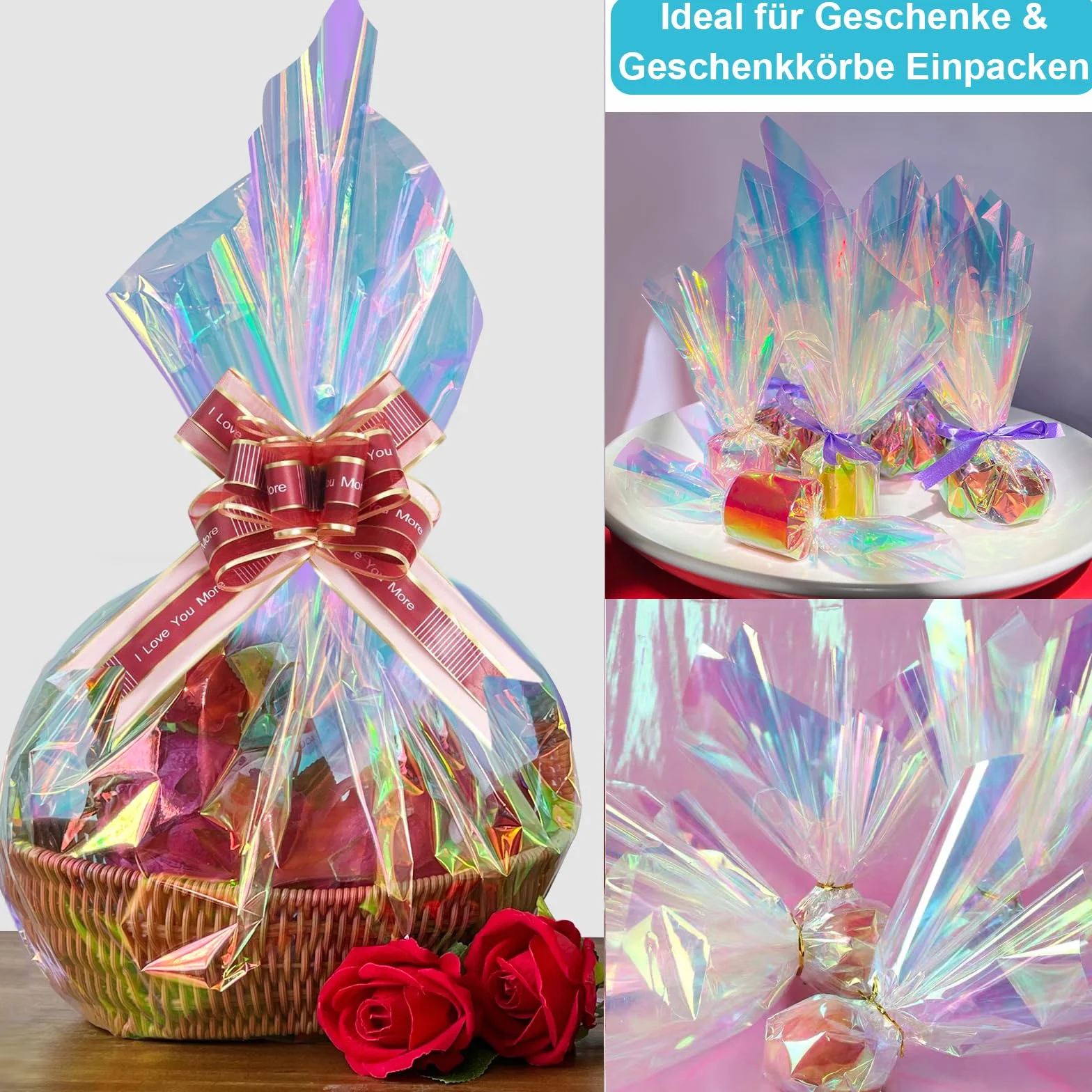 86CM x 15M Cellophanfolie Rolle, Irisierende Cellophan Transparent Geschenkfolie Regenbogen Zellophan Schillernd Verpackungsfolie Rolle Für Hochzeit, Blume, Geschenk Baskt, Leckereien, Weihnachten