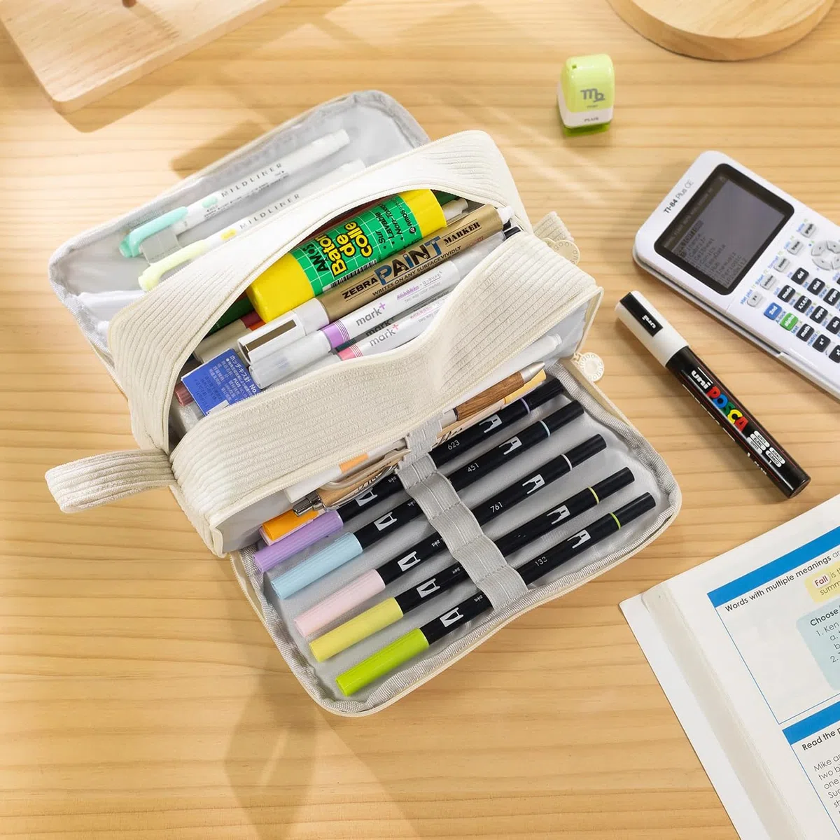 VICDUEKG Federmäppchen aus Cord-Stoff Federtaschen Mäppchen mit 3 Fächer Schulmäppchen Große Kapazität Stiftetasche Pencil Case für Schule & Büro (Beige)
