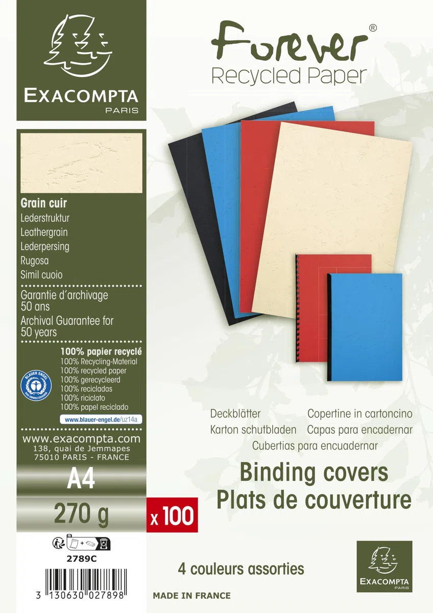 Exacompta 2789C 100er Pack Einbanddeckel DIN A4 für Bindesysteme Forever aus Recycling-Karton farbig sortiert. Geeignet zur Verwendung mit Serodo-Bindern, Kunststoffringen, Metallringen und mehr