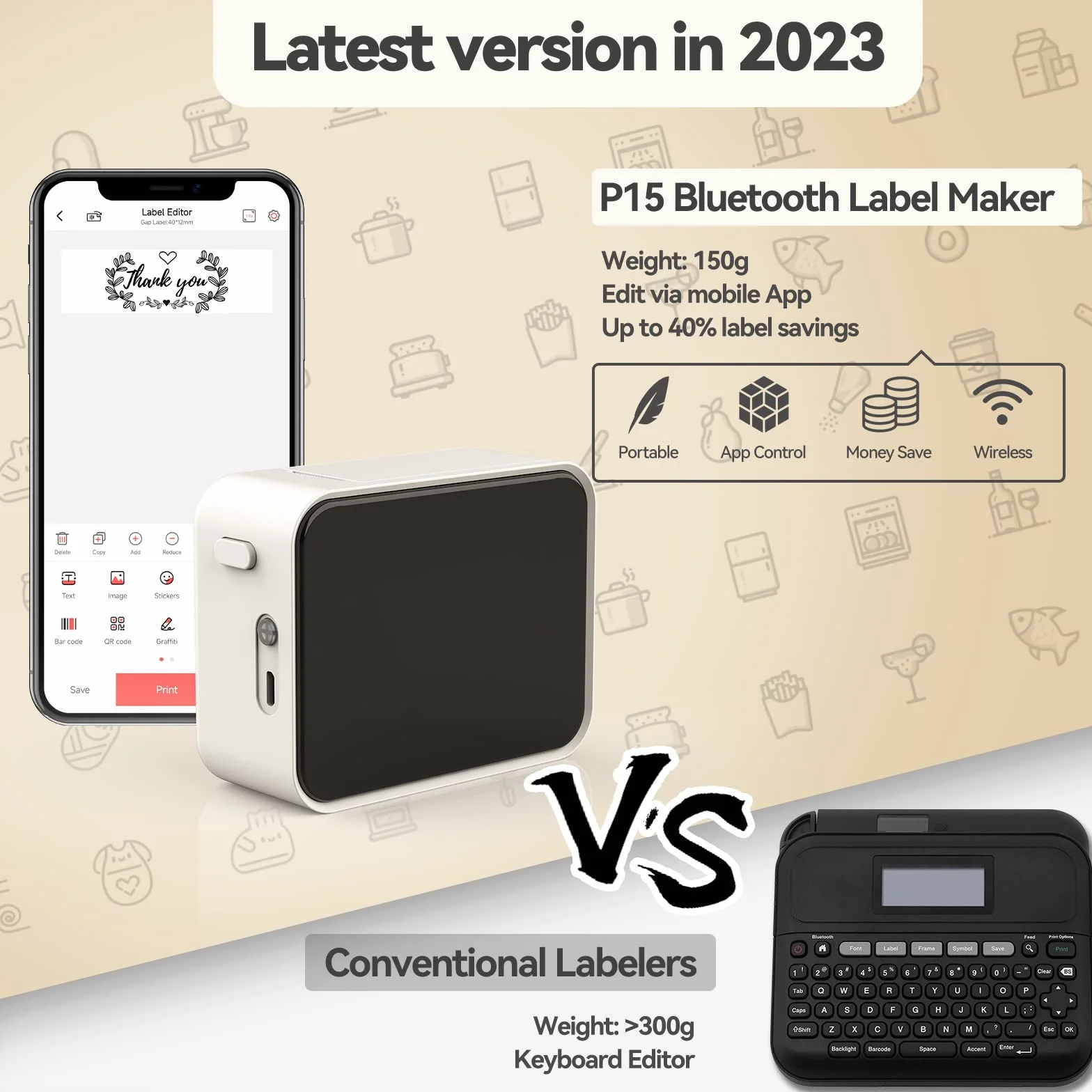 Pristar P15 Etikettiergerät Bluetooth Beschriftungsgerät Selbstklebend Wiederaufladbar Etikettendrucker, Labeldrucker für iOS&Android, Geeignet für Zuhause Schule Büro, Weiß