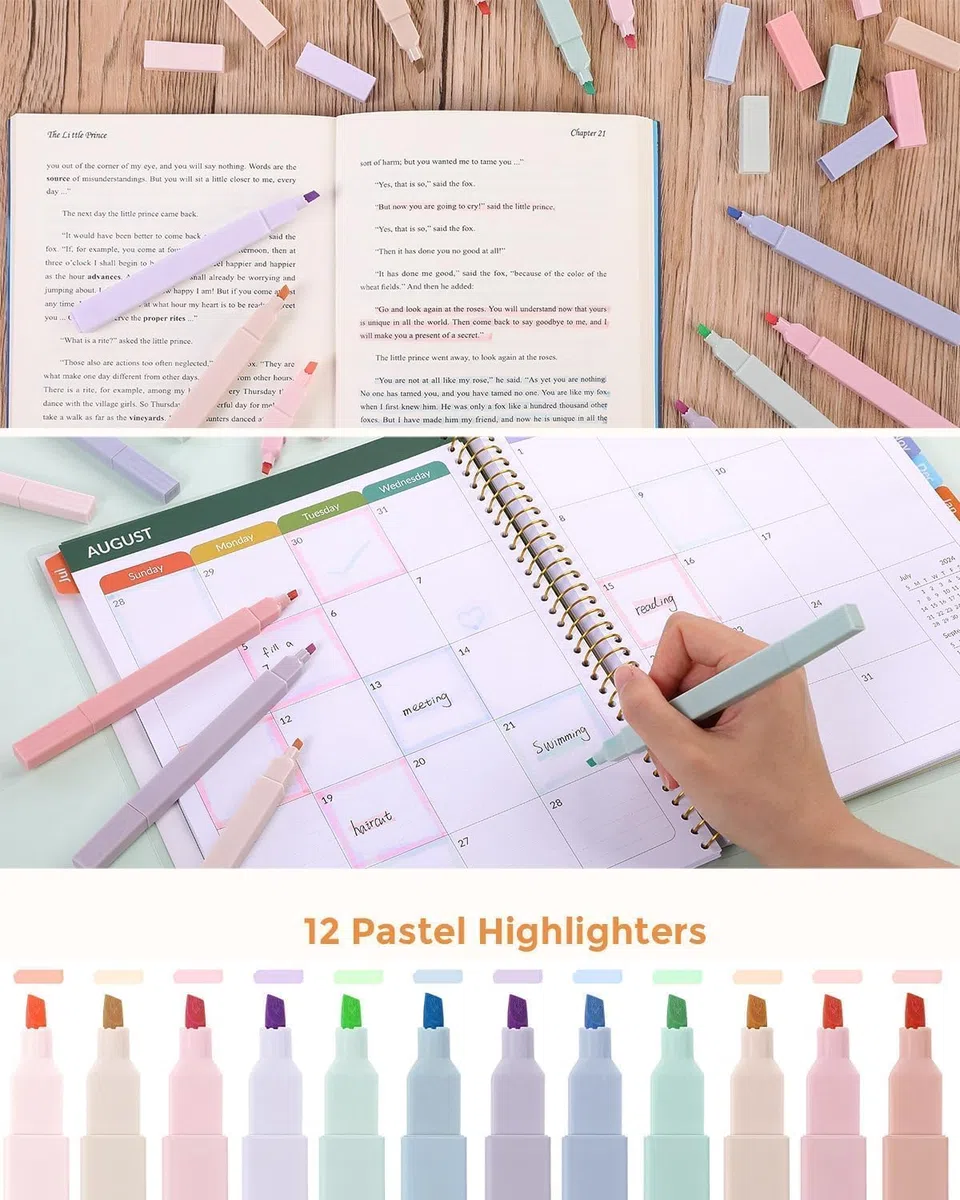 SKYDUE Schulbedarf, Federmäppchen mit 12 Pastell-Textmarkern, 5 schwarzen Gelstiften, Druckbleistiften, College-Essentials, Studenten, Schreibwaren-Set, Rosa, 38-teilig