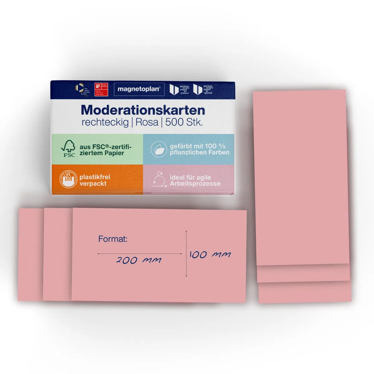 magnetoplan Moderationskarten, rechteckig | BxH 200x100 mm | 500 Stück | Kommunikationskarten in rosa | Für Meetings und Präsentationen | FSC-zertifiziert