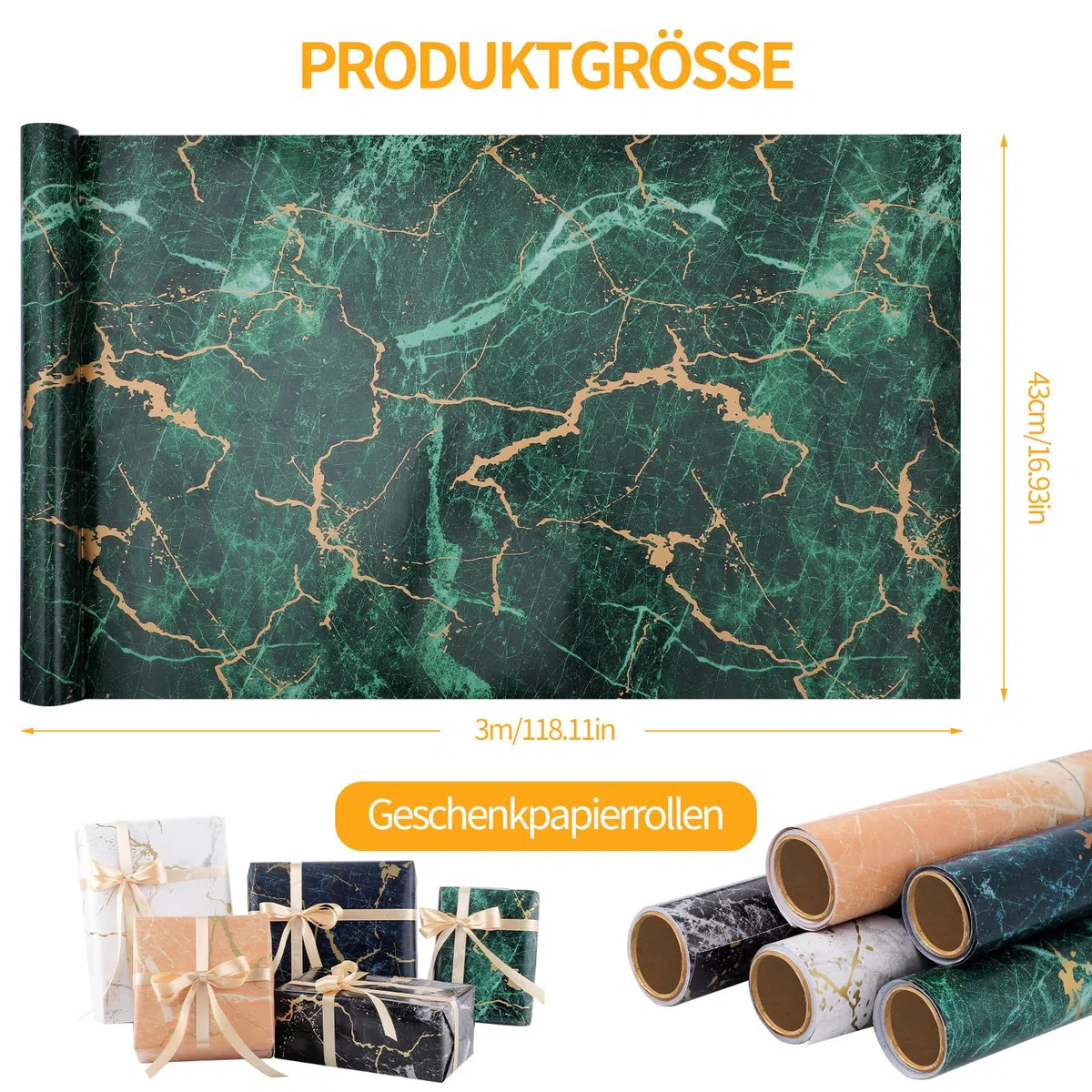 woric 5 Rollen Geschenkpapier Set, 43cm x 3m Geschenkpapier Geburtstag Marmor Geschenkpapierrolle mit Schleifenband Gold für Hochzeit Geburtstag