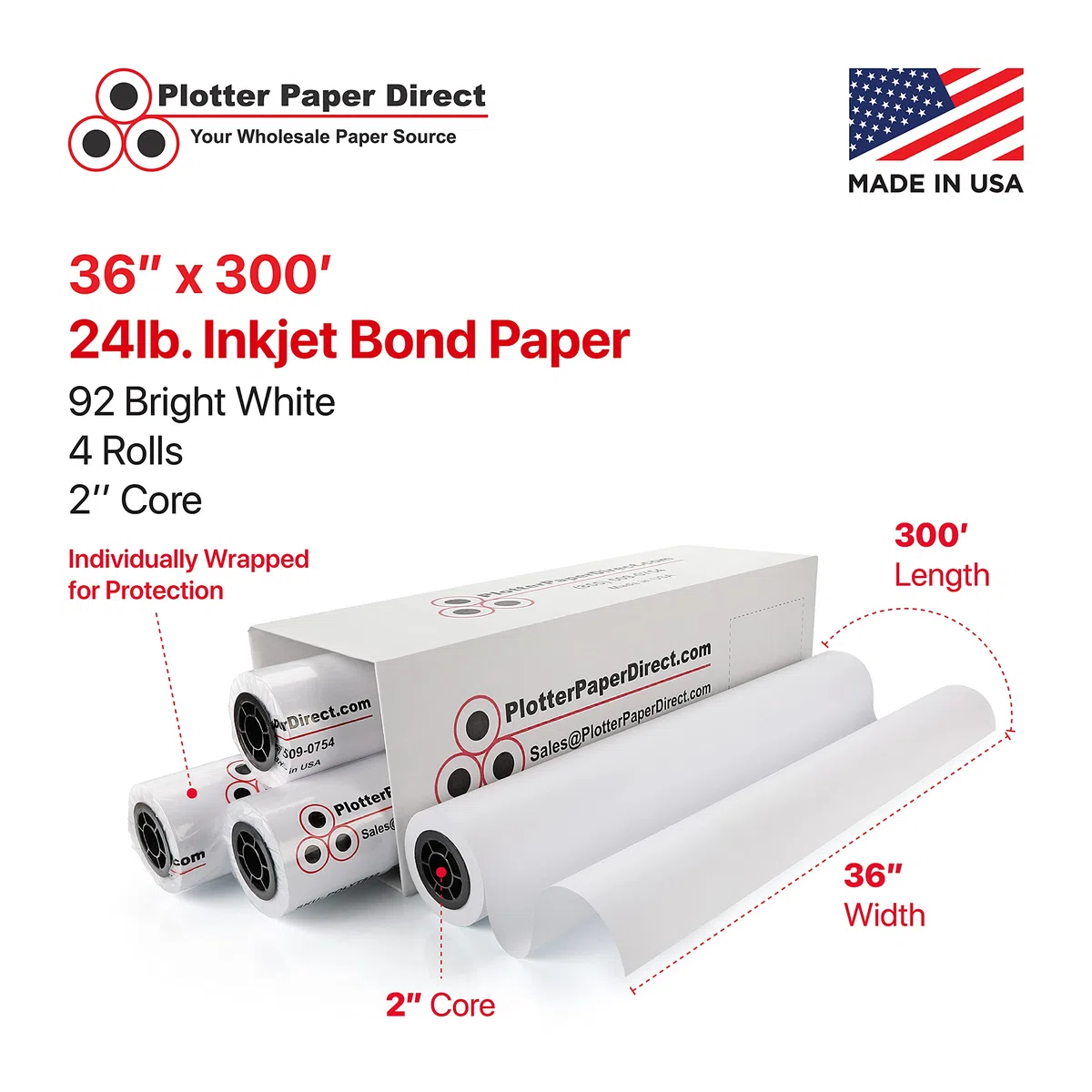 Plotter Paper Direct (10,9 kg, beschichtet | 4 Rollen, 5,1 cm Kern | 91,4 cm x 91,4 m) für CAD-Druck auf Breitformat-Tintenstrahldruckern