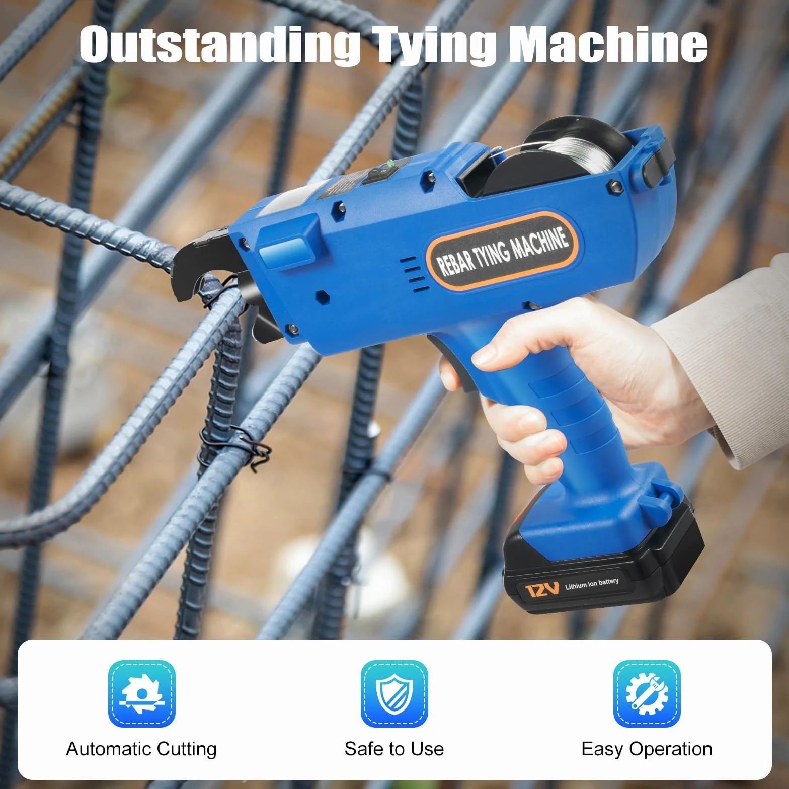 Drahtbindemaschine 0,8 Sek/Knoten Stahlstangen-Bindemaschine Automatisches Bewehrungsbindegerät mit 2x4500mAh Akku und Werkzeugkasten Bewehrungsverbinder für 8-34mm Stabstahl