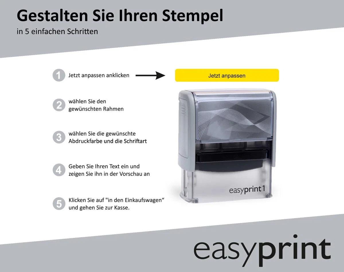 Selbstfärbender Stempel easyprint 1 grau – personalisierbarer Firmenstempel, Namensstempel, Adressstempel oder sonstiger Textstempel – Abdruck ca. 38x14 mm mit bis zu 4 Zeilen