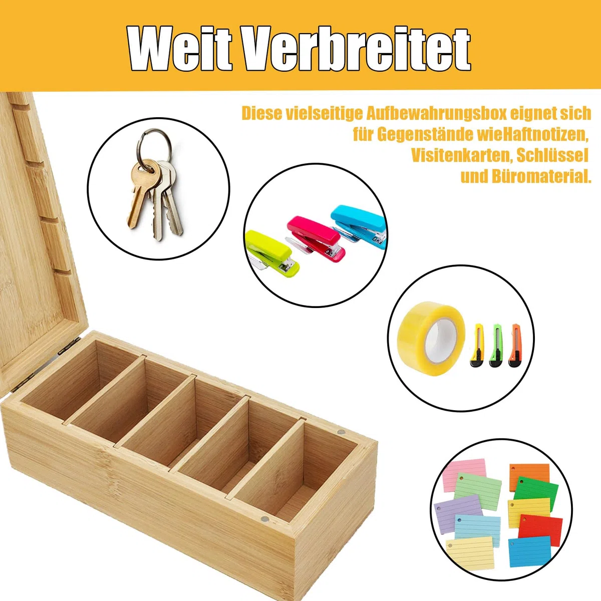 A8 Karteikarten Box Holz, 22,4 x 10 x 7,5 cm Aarteikarten Box mit Klappdeckel, Verstellbar Karteikartenbox mit 500 Bunten Haftnotizen und 10 Binderinge, für Verwendung auf Schreibtischen