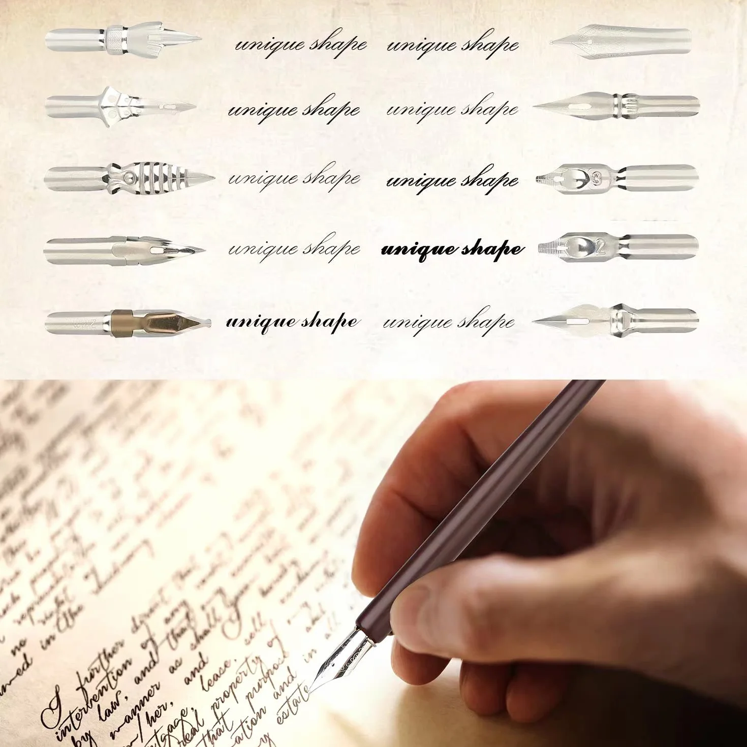 hhhouu Schönschreibfüller Holzstift Handgefertigtes Kalligraphie Set Anfänger mit Tinte und 11 Federn für Kunst, Schreiben, Unterschriften, Dekoration, Geschenk HO-Q-301