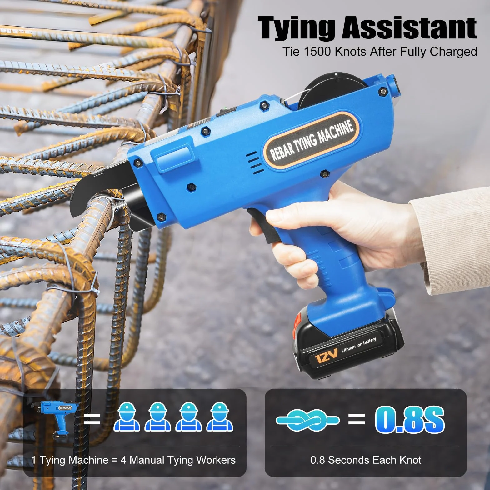 Drahtbindemaschine 0,8 Sek/Knoten Stahlstangen-Bindemaschine Automatisches Bewehrungsbindegerät mit 2x4500mAh Akku und Werkzeugkasten Bewehrungsverbinder für 8-34mm Stabstahl
