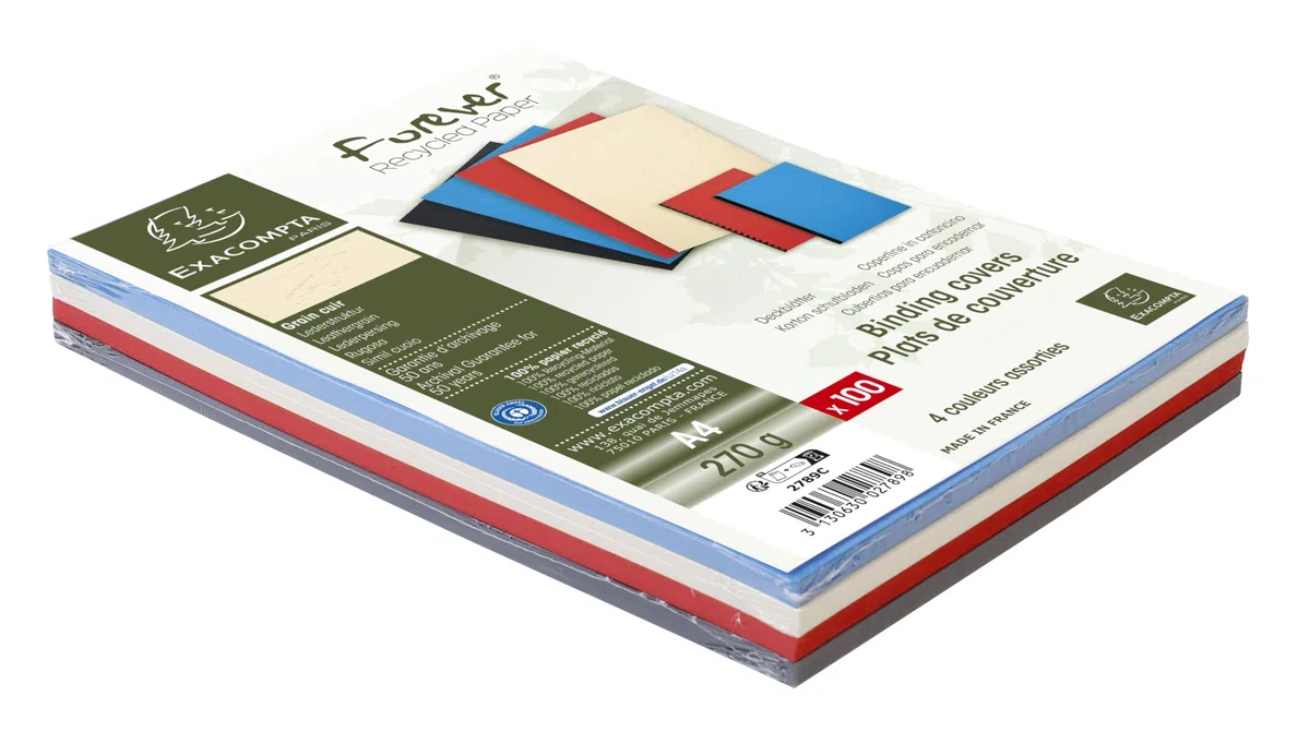 Exacompta 2789C 100er Pack Einbanddeckel DIN A4 für Bindesysteme Forever aus Recycling-Karton farbig sortiert. Geeignet zur Verwendung mit Serodo-Bindern, Kunststoffringen, Metallringen und mehr