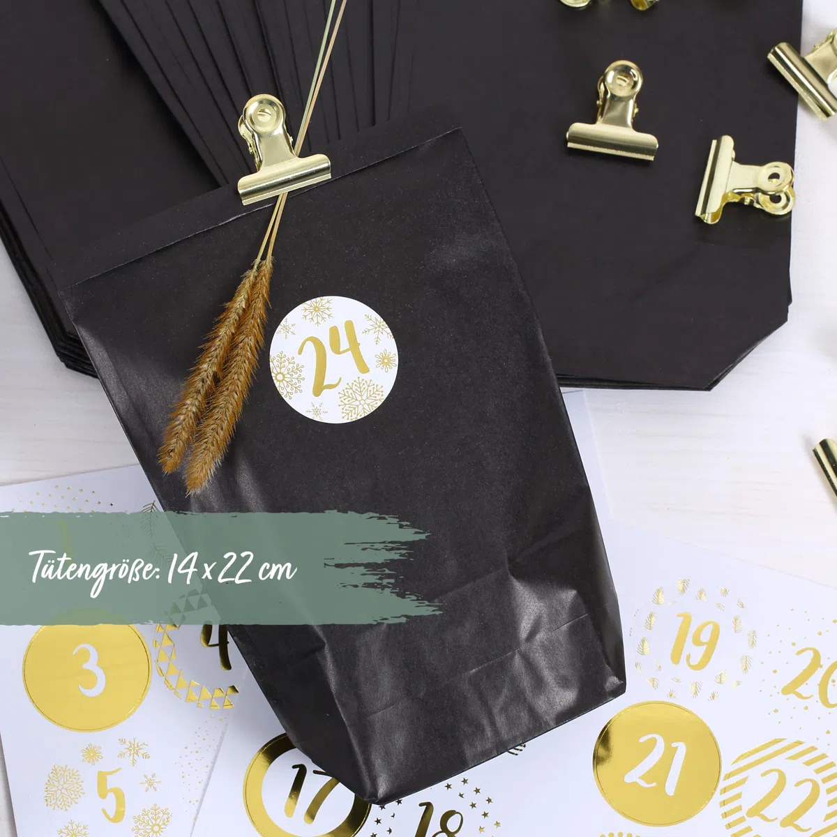 Papierdrachen Adventskalender 2025 zum Befüllen - 24 schwarze Geschenktüten mit Zahlenaufklebern & Metall-Klammern - DIY - zum Basteln - Weihnachten