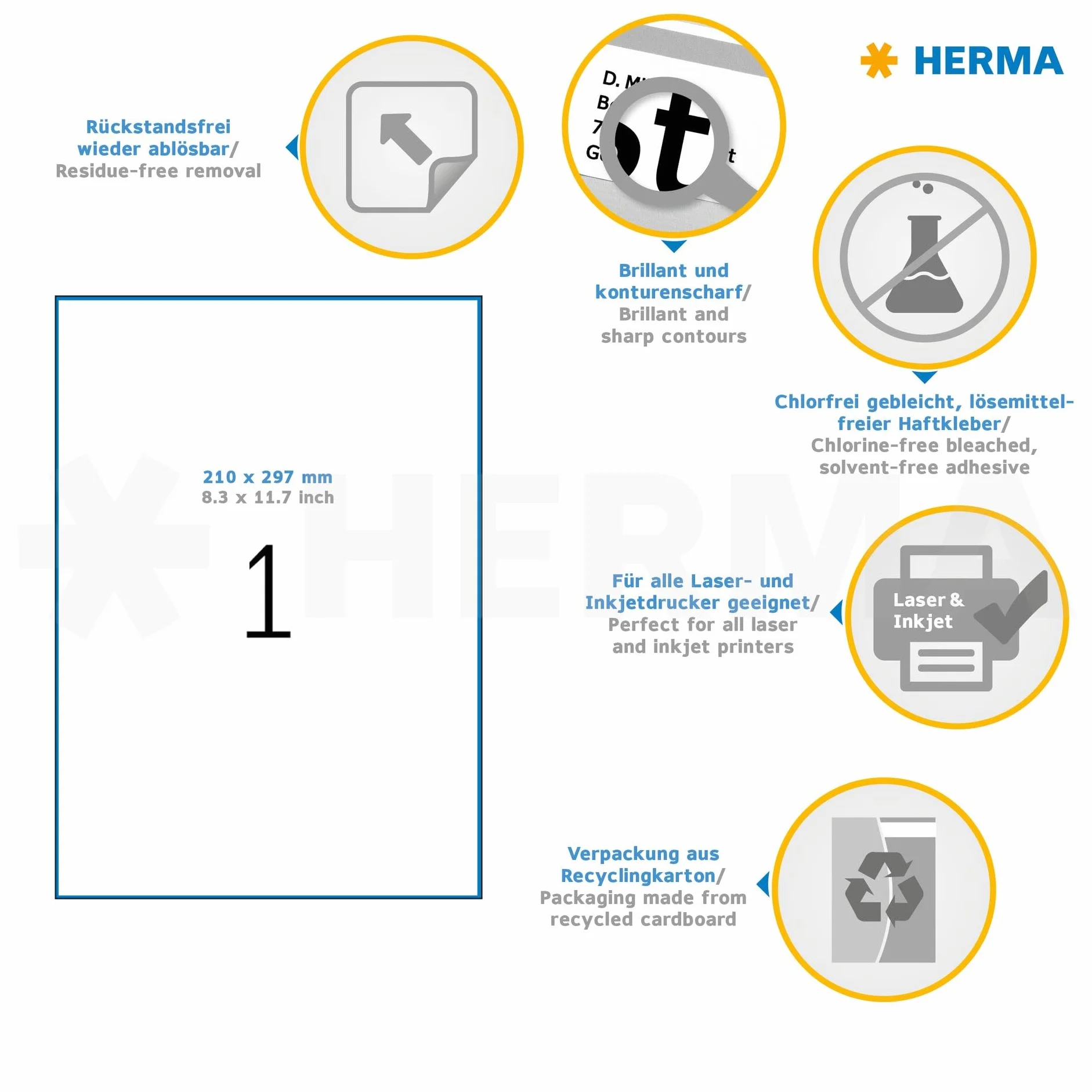 HERMA 10315 Universal Etiketten ablösbar, 1400 Blatt, 210 x 297 mm, 1 pro A4 Bogen, 1400 Stück, selbstklebend, bedruckbar, matt, blanko Papier Klebeetiketten Aufkleber, weiß