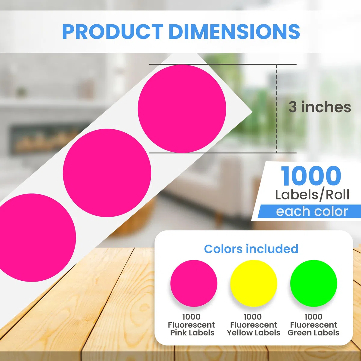 Perco 7,6 cm runde runde Punkte-Aufkleber-Etiketten mit permanentem Klebstoff, Multi-Rollen-Packung, 500 Etiketten/Rolle, enthält je 1 Rolle in fluoreszierenden Farben (grün, gelb, rosa), starke