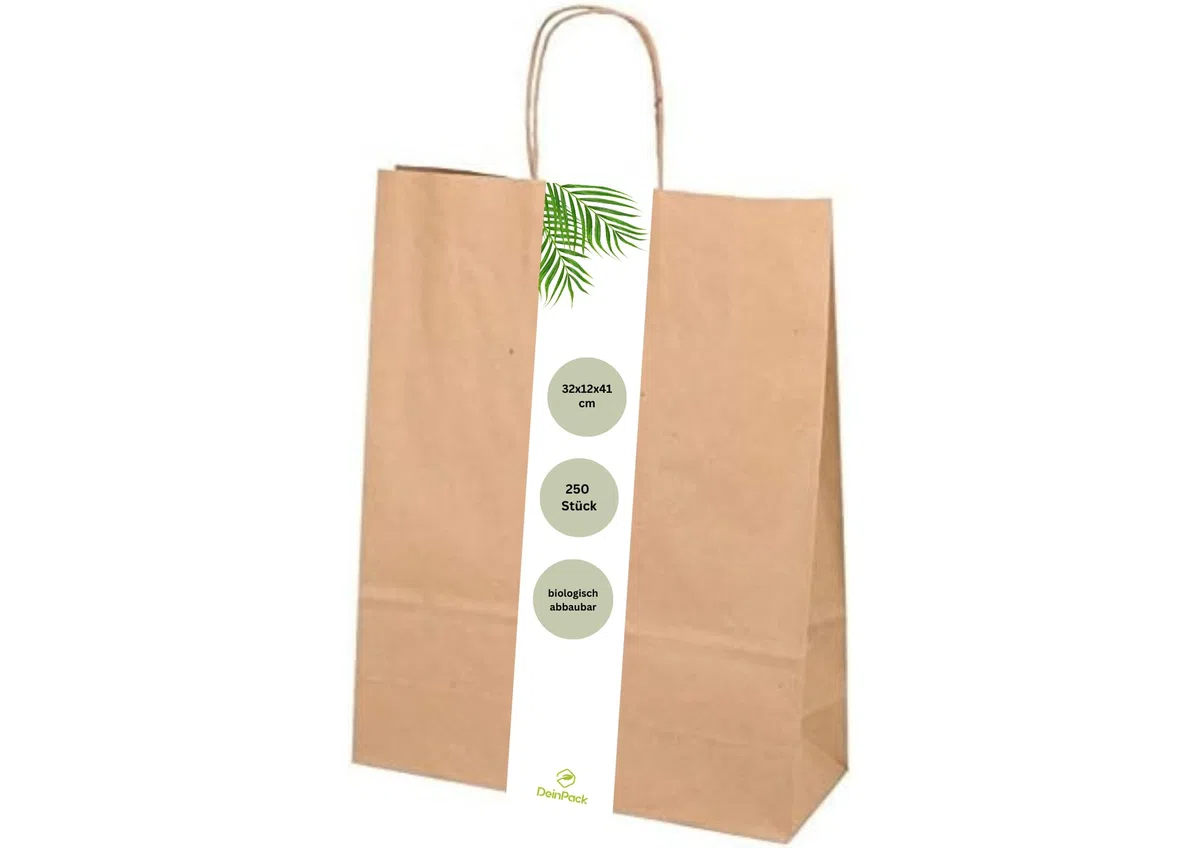 250 Papier Tragetaschen 32 x 12 x 41 cm groß I Umweltschonende Papiertüten Geschenktüten Papiertragetaschen biologisch abbaubar, kompostierbar I braune Papier Tüten