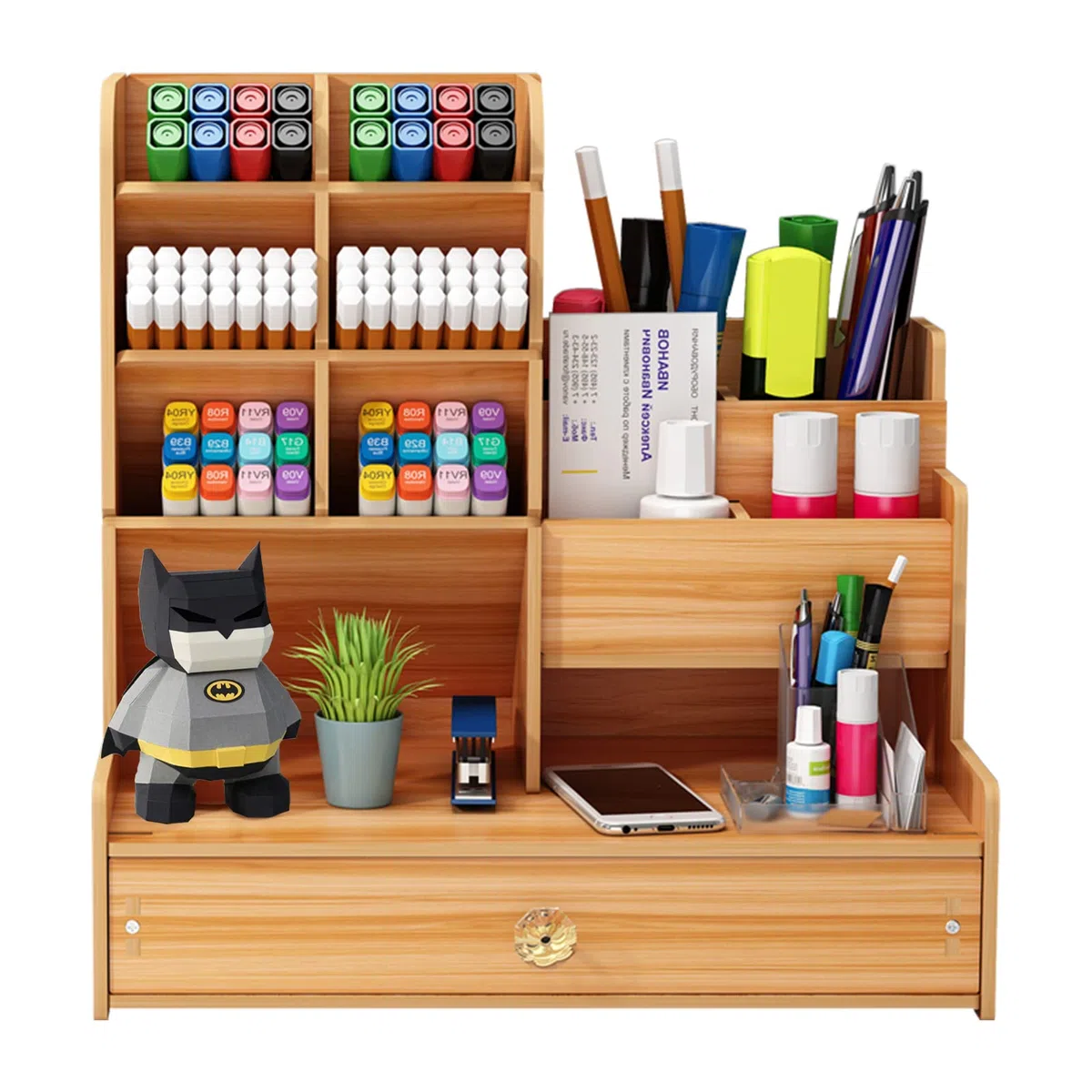 Schreibtisch Organizer aus Holz,Stiftehalter Schreibtisch mit Schublade,Multifunktionaler Büro Organizer,für Stifte Büro Zuhause Schule. (B17-Braun)