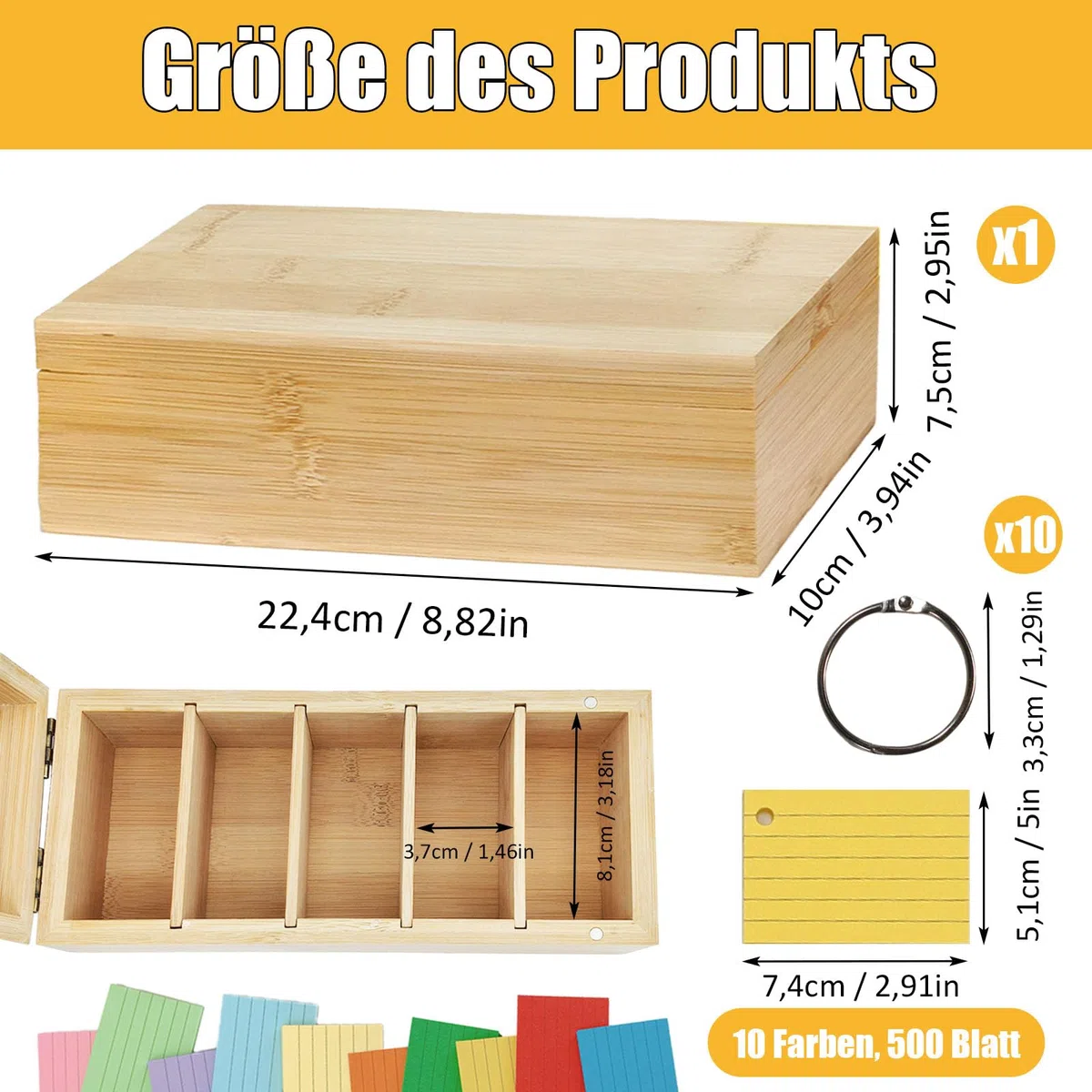 A8 Karteikarten Box Holz, 22,4 x 10 x 7,5 cm Aarteikarten Box mit Klappdeckel, Verstellbar Karteikartenbox mit 500 Bunten Haftnotizen und 10 Binderinge, für Verwendung auf Schreibtischen