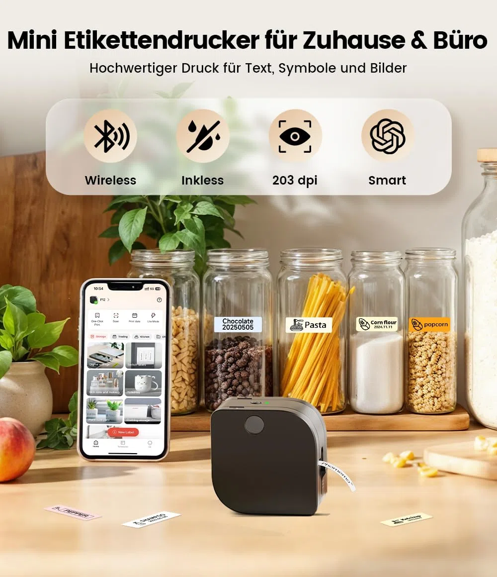 Phomemo P12 Etikettendrucker : Bluetooth Beschriftungsgerät Selbstklebend für Küche, Gewürzgläser, Vorratsdosen, Kleidung, Wasserfest, Haushaltsorganisation, Geschenk für Hausfrauen & Eltern