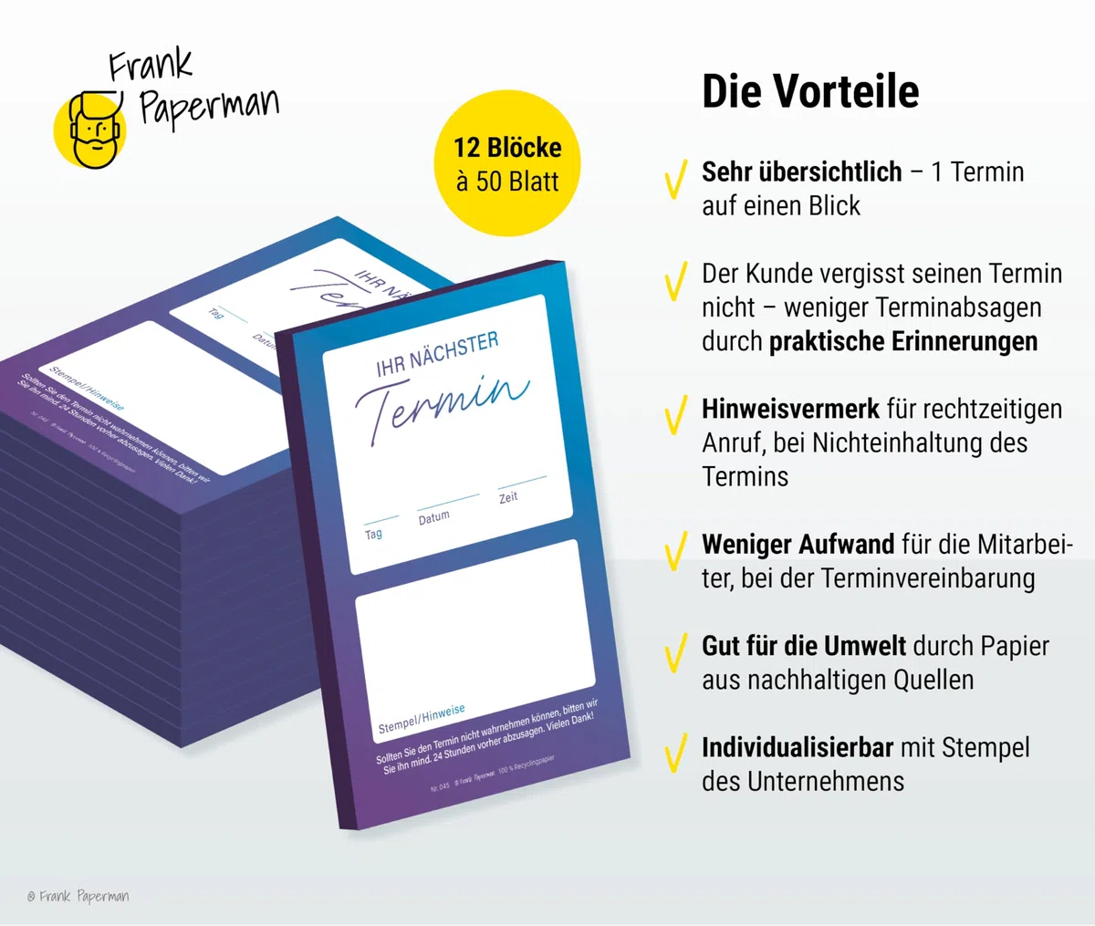 600 Terminzettel Praxis | 12 x Terminblock à 50 Blatt | blau | 1 Termine pro Zettel | für Ärzte, Heilpraktiker, Physio, Massage, Studios u.v.m.