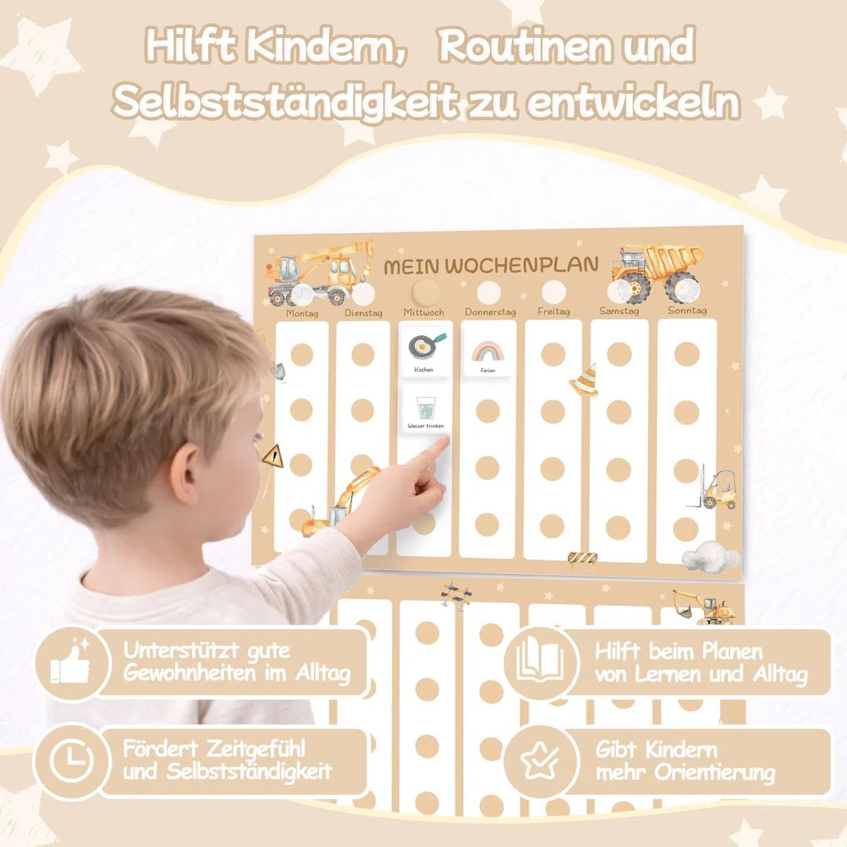 Wochenplan für Kinder mit 315 Routinekarten und Aufbewahrungsbeutel – visueller Tagesplan für Morgen- und Abendroutinen, kindgerecht und übersichtlich (Wochenplan, Bagger)