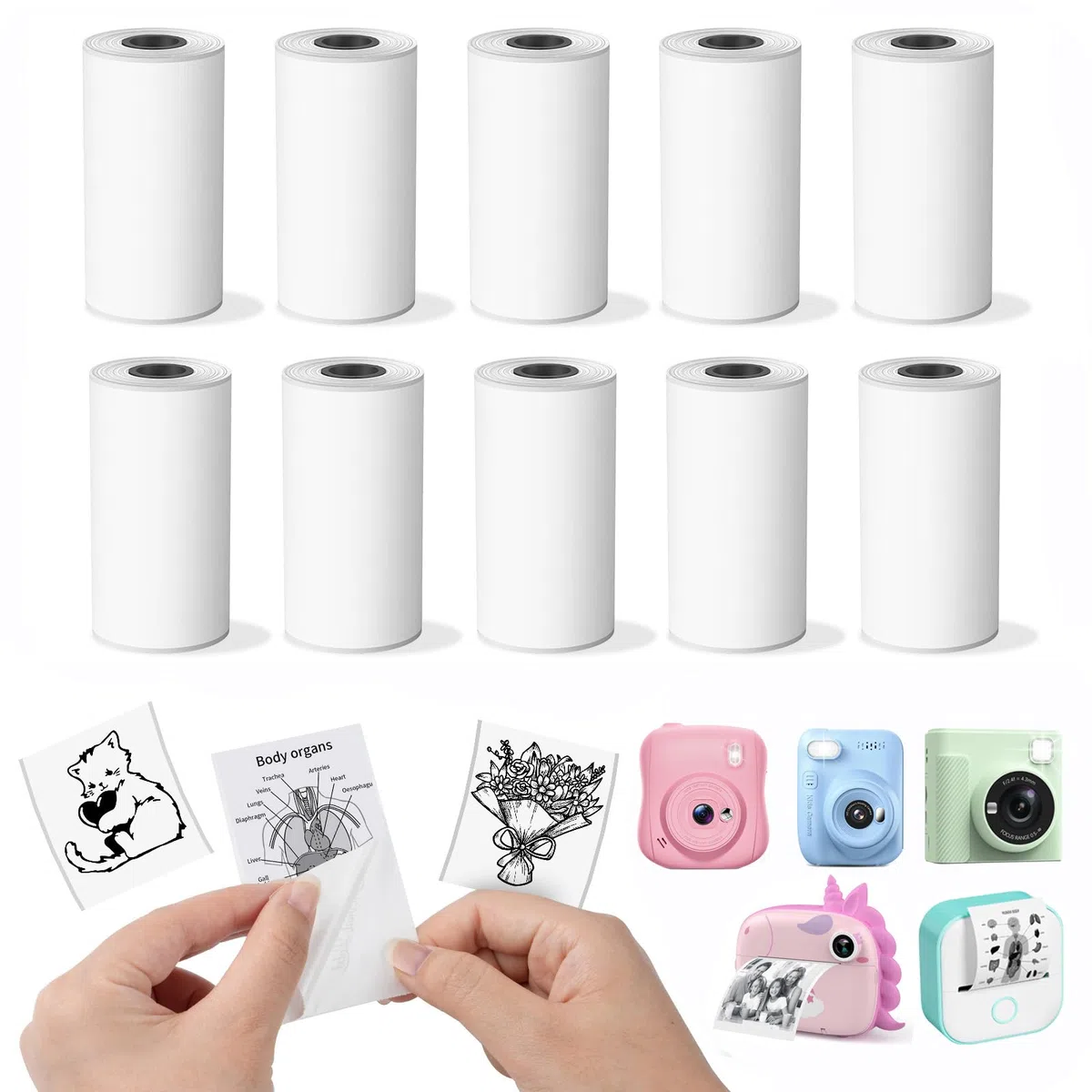 T02 Thermopapier Kinderkamera für Kinder Sofortbildkamera Kompatibel mit GREENKINDER/HiMont/Hangrui/Gofunly/ORGSTA S002/M02 Pro/M02X Mini Thermodrucker Klebend Etikettenpapier, Weiß, 10 Rollen