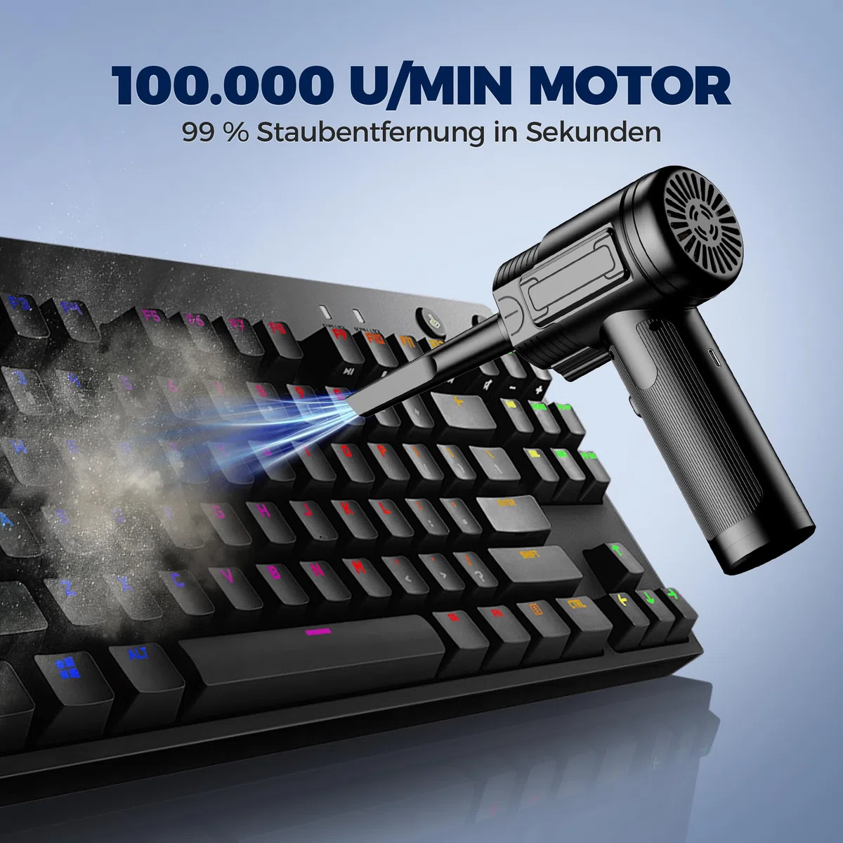 Elektrische Staubgebläse Akku, 3-Stufen 100000U/min Druckluftgebläse, USB-C Wiederaufladbarer Compressed Air Duster mit LED, Mini Handventilator für PC, Auto, Tastatur, Bürogeräte