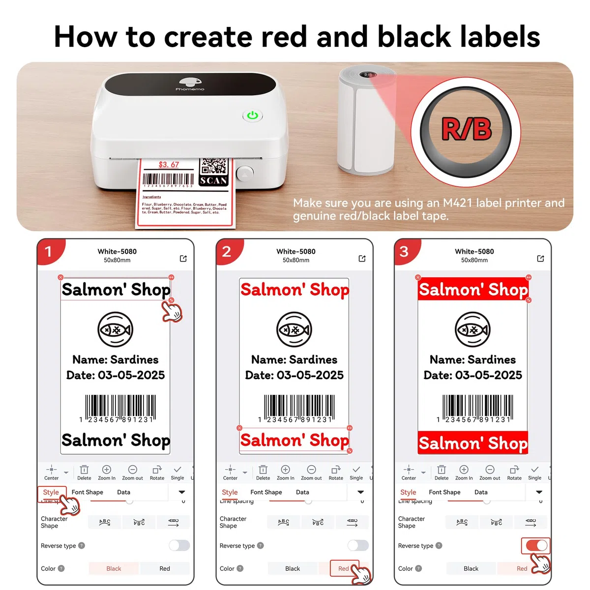 Phomemo Etiketten 50x80mm Schwarz/Rot Druck Selbstklebende Thermodirekt Etiketten Papier für Phomemo M420 M421 Etikettendrucker