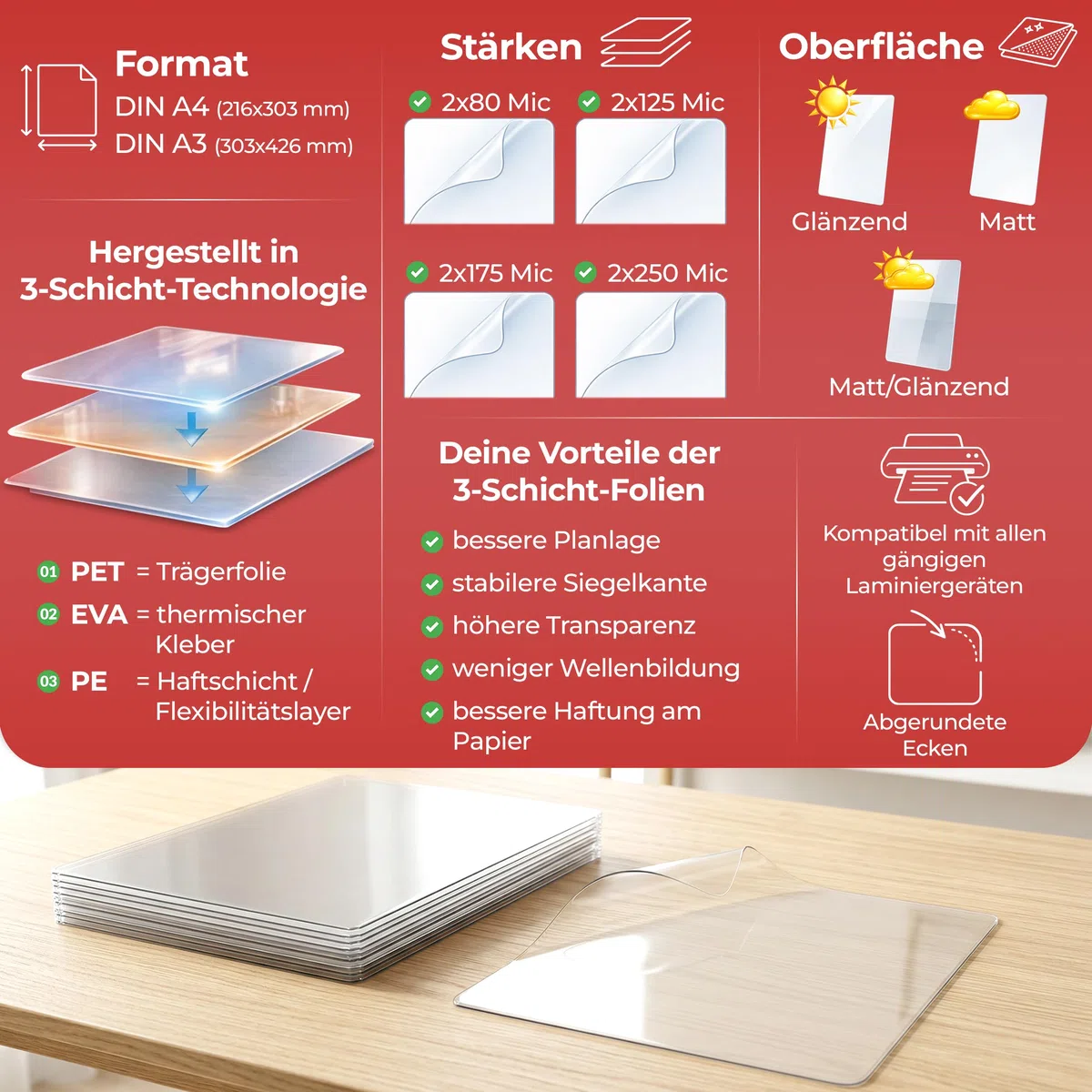 XLam Laminierfolien A4-2 x 80 Mic - matt/glänzend - 100 Stück- PREMIUMQUALITÄT FÜR PERFEKTE LAMINIERERGEBNISSE