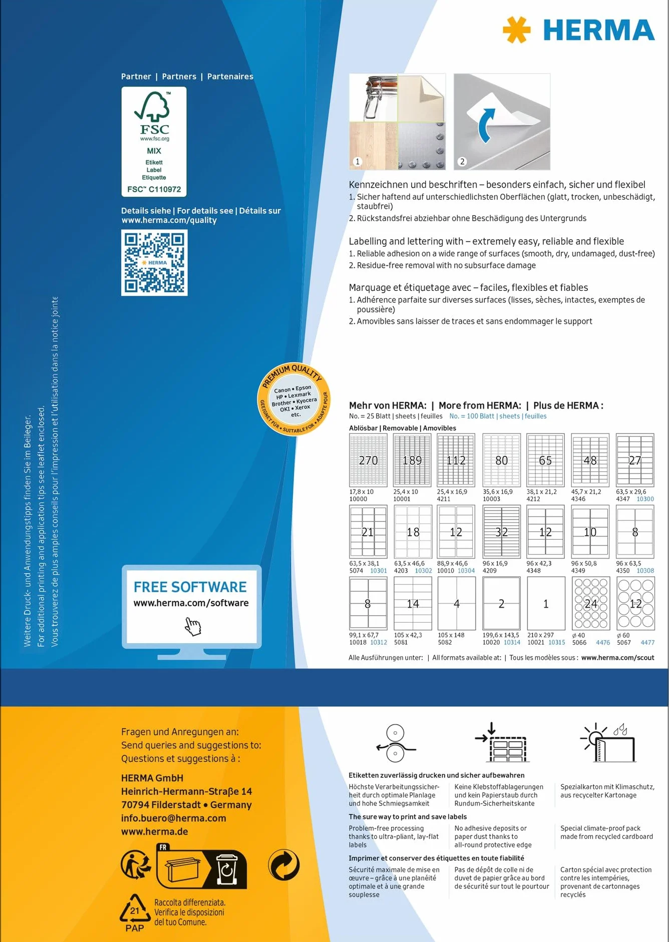 HERMA 10315 Universal Etiketten ablösbar, 1400 Blatt, 210 x 297 mm, 1 pro A4 Bogen, 1400 Stück, selbstklebend, bedruckbar, matt, blanko Papier Klebeetiketten Aufkleber, weiß