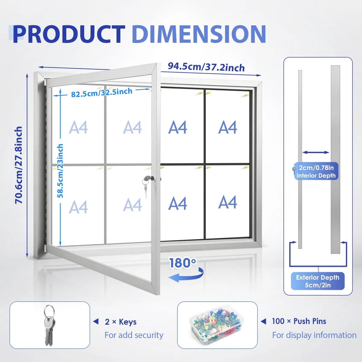 SWANCROWN Geschlossene Pinnwand, wetterfest, 94 x 71,1 cm, abschließbare Pinnwand, Wandvitrine für Büro, Schule, Gewerbe, schwarzer Filz, silberfarbener Aluminiumrahmen (8 x A4)