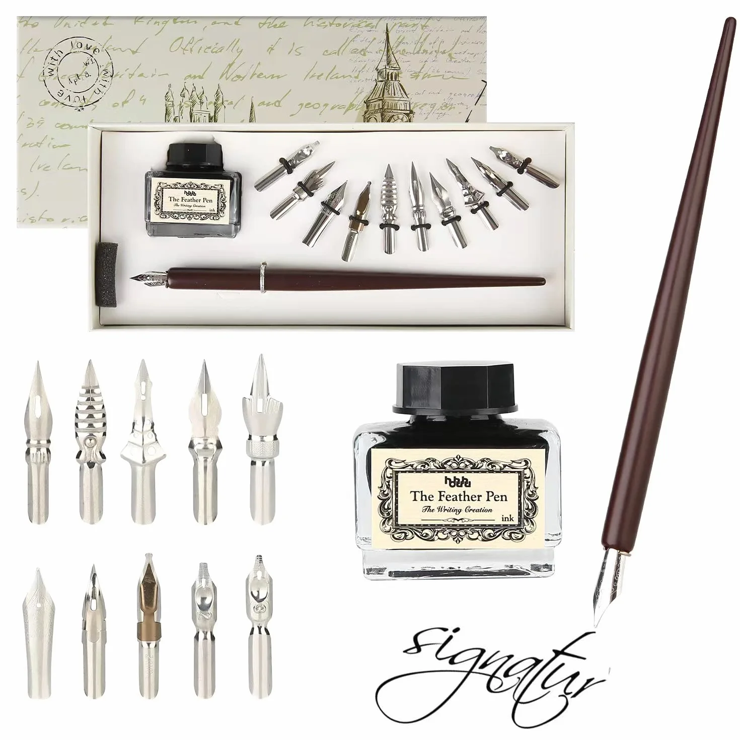 hhhouu Schönschreibfüller Holzstift Handgefertigtes Kalligraphie Set Anfänger mit Tinte und 11 Federn für Kunst, Schreiben, Unterschriften, Dekoration, Geschenk HO-Q-301