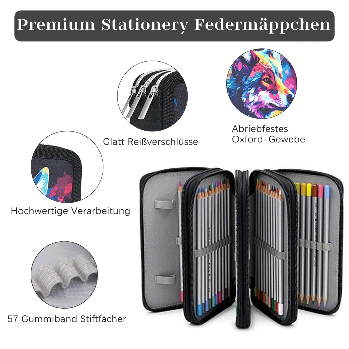 Veroa Federmäppchen 3-Fach - Quadratisch, Mehrschichtig,Große Kapazität Mäppchen Federmäppchen Schwarz Kinder 3 Fächer - 57 Pockets für Schule,Teenager,Kinder,Junge,Mädchen