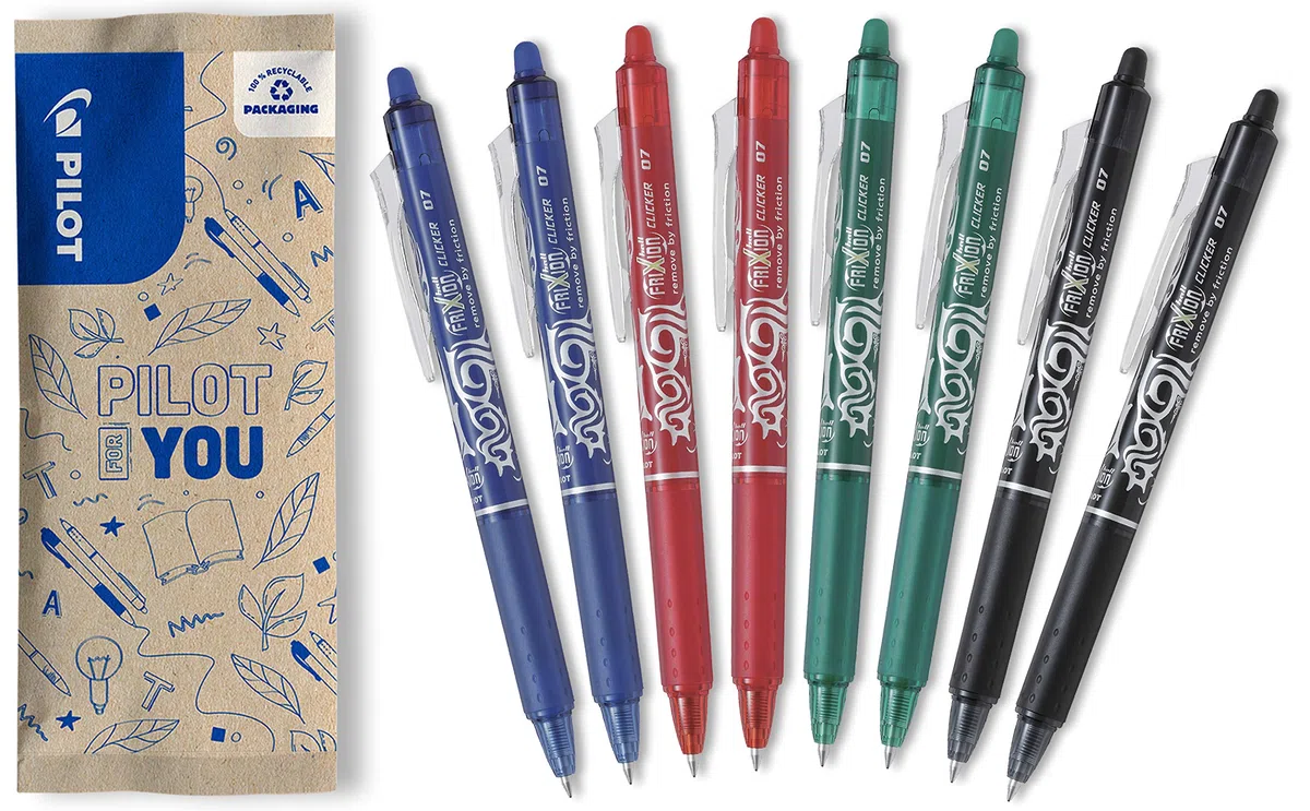 PILOT FriXion Clicker 0.7 – 8 Stück – Farben 2x Blau/Schwarz/Rot/Grün – Radierbarer, nachfüllbarer Gel-Tintenroller mit Druckmechanik und thermosensitiver Tinte, mittlere Spitze