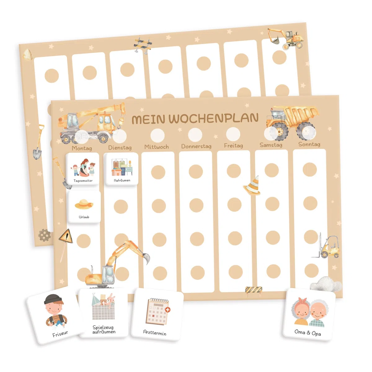 Wochenplan für Kinder mit 315 Routinekarten und Aufbewahrungsbeutel – visueller Tagesplan für Morgen- und Abendroutinen, kindgerecht und übersichtlich (Wochenplan, Bagger)