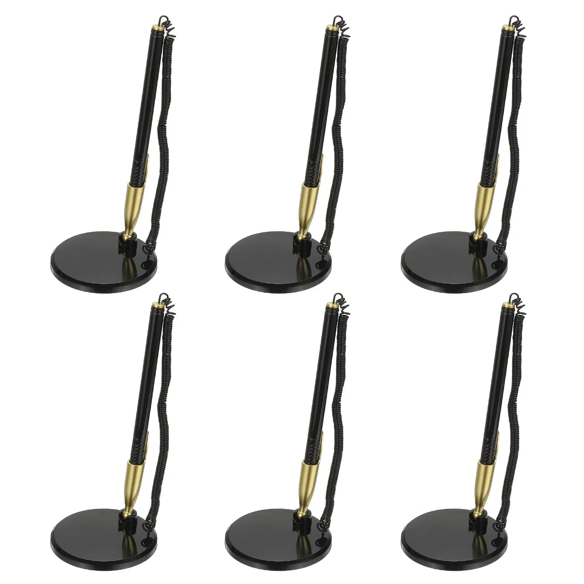 PATIKIL 6Pcs Sicherheitsstift mit Klebebandkette & Sicherheitsstifthalter, Empfangstresenstifte Schreibtischstift Nachfüllungen in Schwarz für Büro Zuhause, Flache Basis, Schwarz Gold