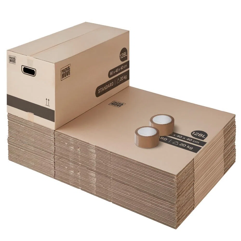 Pack and Move – Packung mit 40 XL-Aufbewahrungs-Umzugskartons – 80 x 40 x 40 cm – verstärkte Griffe – 2 gratis Kleber