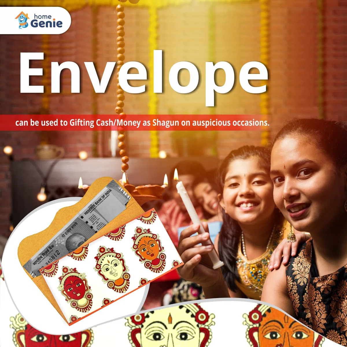 Home Genie Kalamkari Artwork of Laxmi, Saraswati & Durga Shagun Envelope for Gifting Money on Wedding & Any Other Ocassion | Milni | Engagement | Birthday | Marriage | Diwali | Rakhi (Pack of 5)