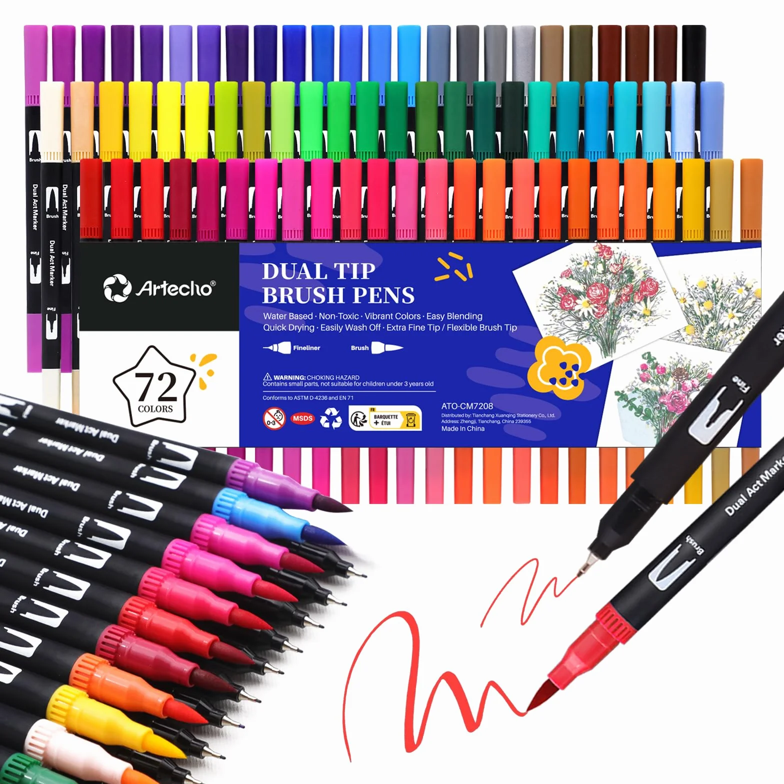 Artecho Dual Brush Pen Set 72 Farben, Fineliner Set, Filzstifte Dicke und Dünne, Pinselstifte set, Stifte für Bullet journal, Kalligraphie, Manga, Malbücher und Handlettering