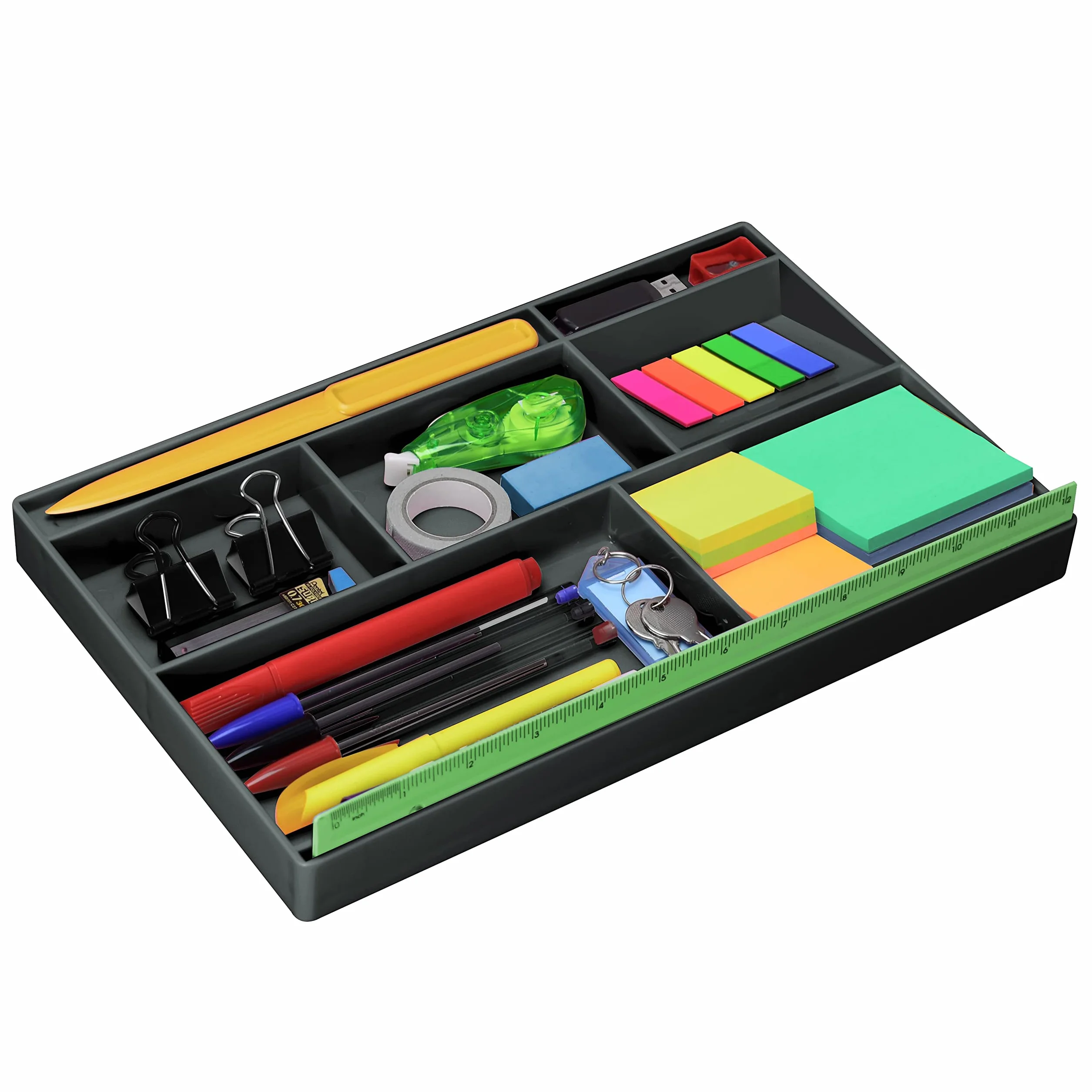 Acrimet Schubladen-Organizer mit 8 Fächern – Vielzweckbox für Bürobedarf, Make-up und Zubehör – Passend für Schubladen oder Tischoberflächen, 32,4 x 20,3 x 2,7 cm (Kunststoff) (Schwarz) | 30,5 cm langes Lineal, spezielle Trennwand für Stifte, Bleistifte,