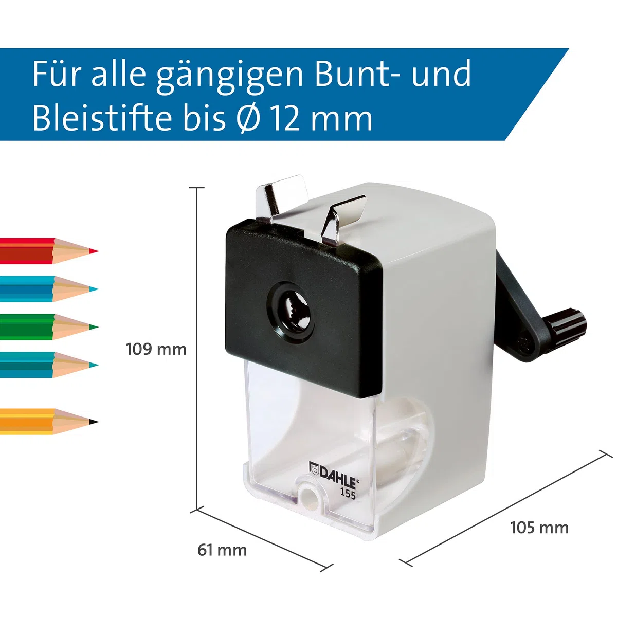 Dahle 00155-20094 Bleistiftspitzmaschine 155 mit Zwinge, 12 mm, grau