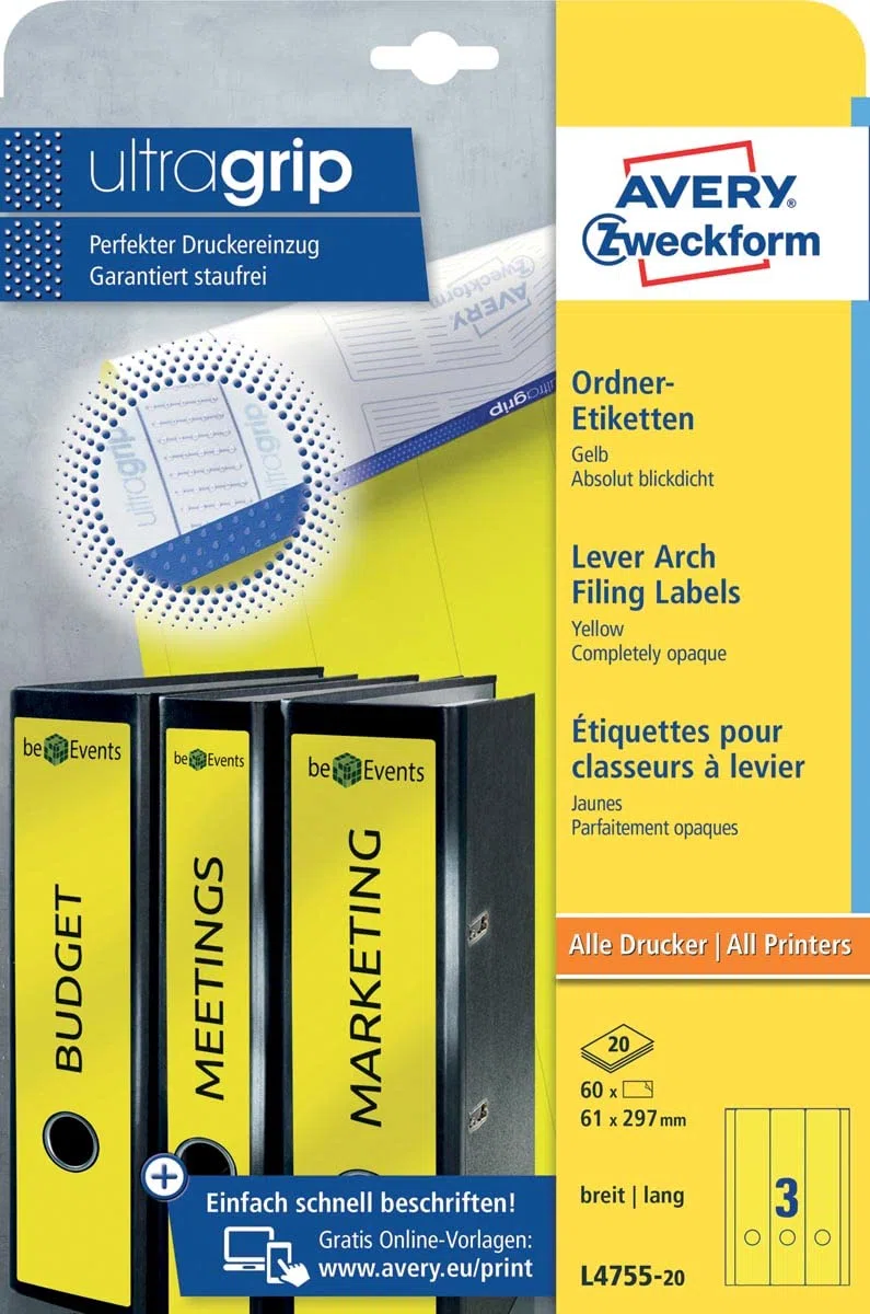 AVERY Zweckform L4755-20 Ordnerrücken Etiketten (60 Rückenschilder mit ultragrip, 61x297mm auf A4, breit/lang, selbstklebend, absolut blickdicht, bedruckbare Ordneretiketten) 20 Blatt, gelb