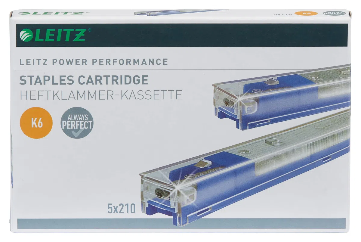 Leitz Power Performance Heavy-Duty Heftklammerkassetten K6, Verzinkt, Box mit 5 Kassetten, 5 x 210 Heftklammern, 55910000