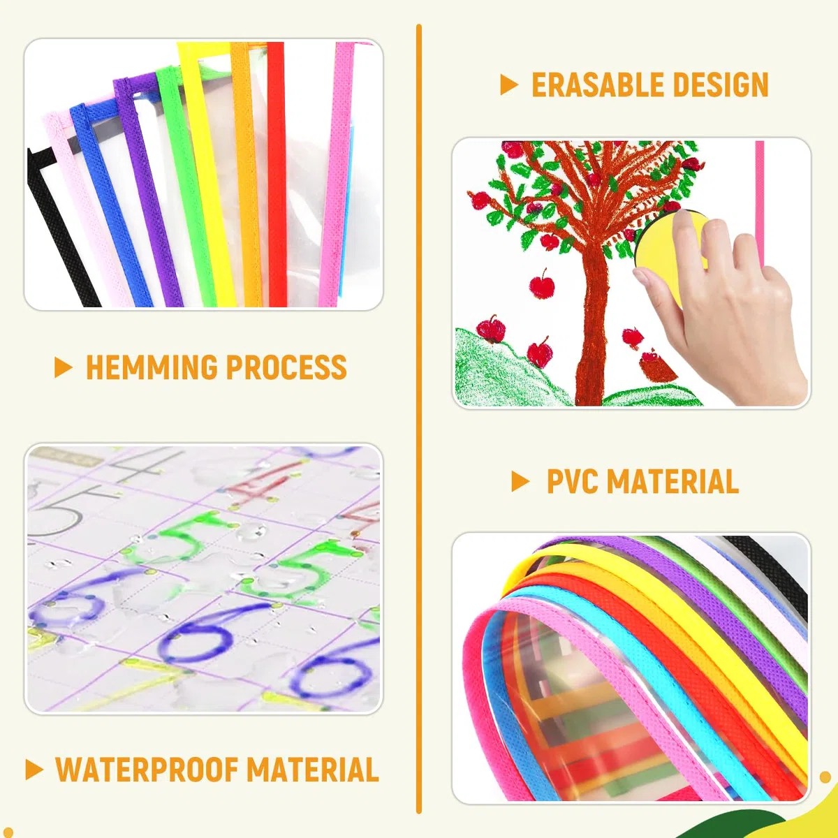 Dry Erase Taschen Set Enthalten 10 Stück Wiederverwendbare Trocken Abwischbare Durchsichtige Tasche, 10 Löschbare Stifte, 6 Radiergummi und 4 Metallösen für Büro und Schule